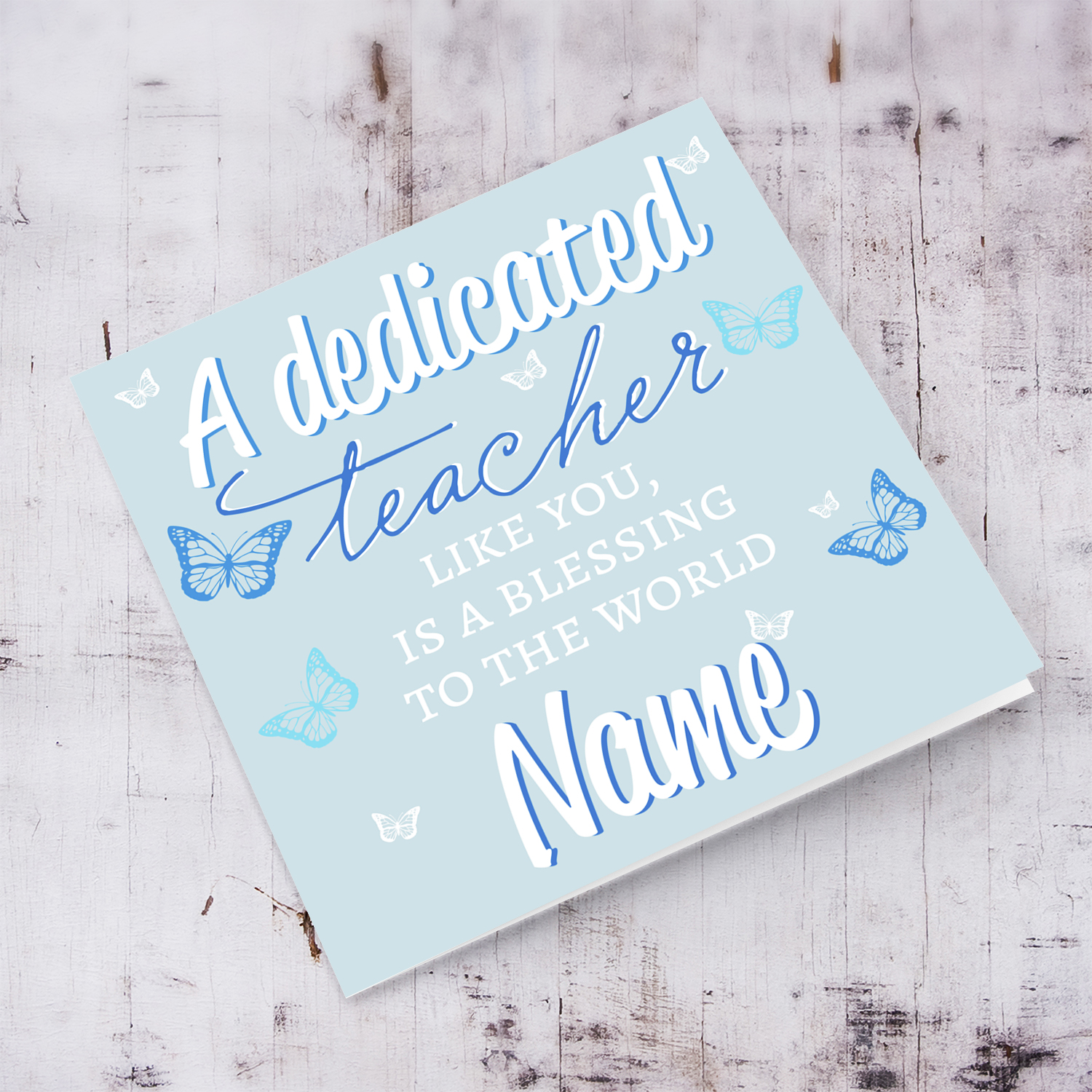A thank you card for School teacher in light blue background and scattered butterflies in English (Personalisable)