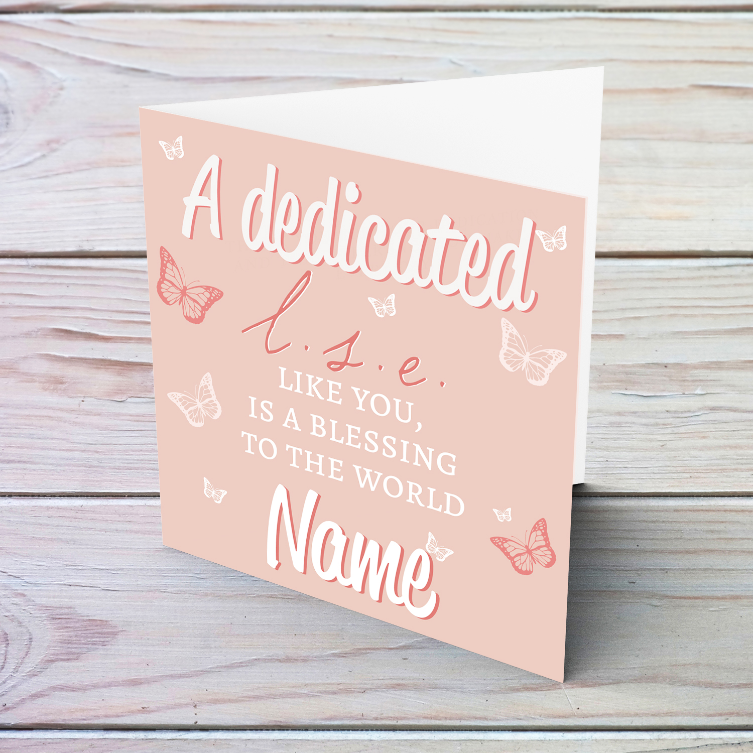 A thank you card for School L.S.E. in light pink background and scattered butterflies in English (Personalisable)