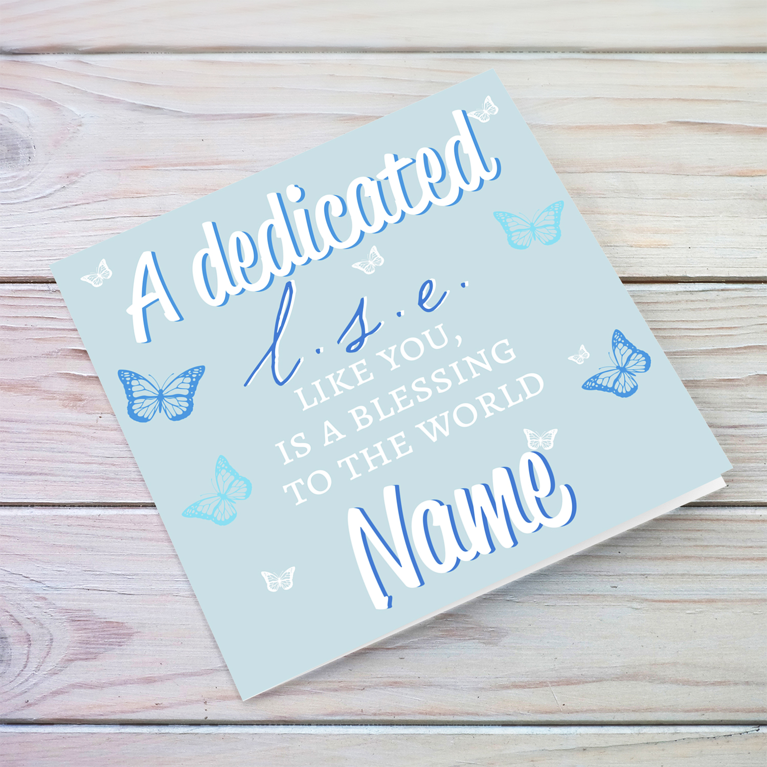 A thank you card for School L.S.E. in light blue background and scattered butterflies in English (Personalisable)