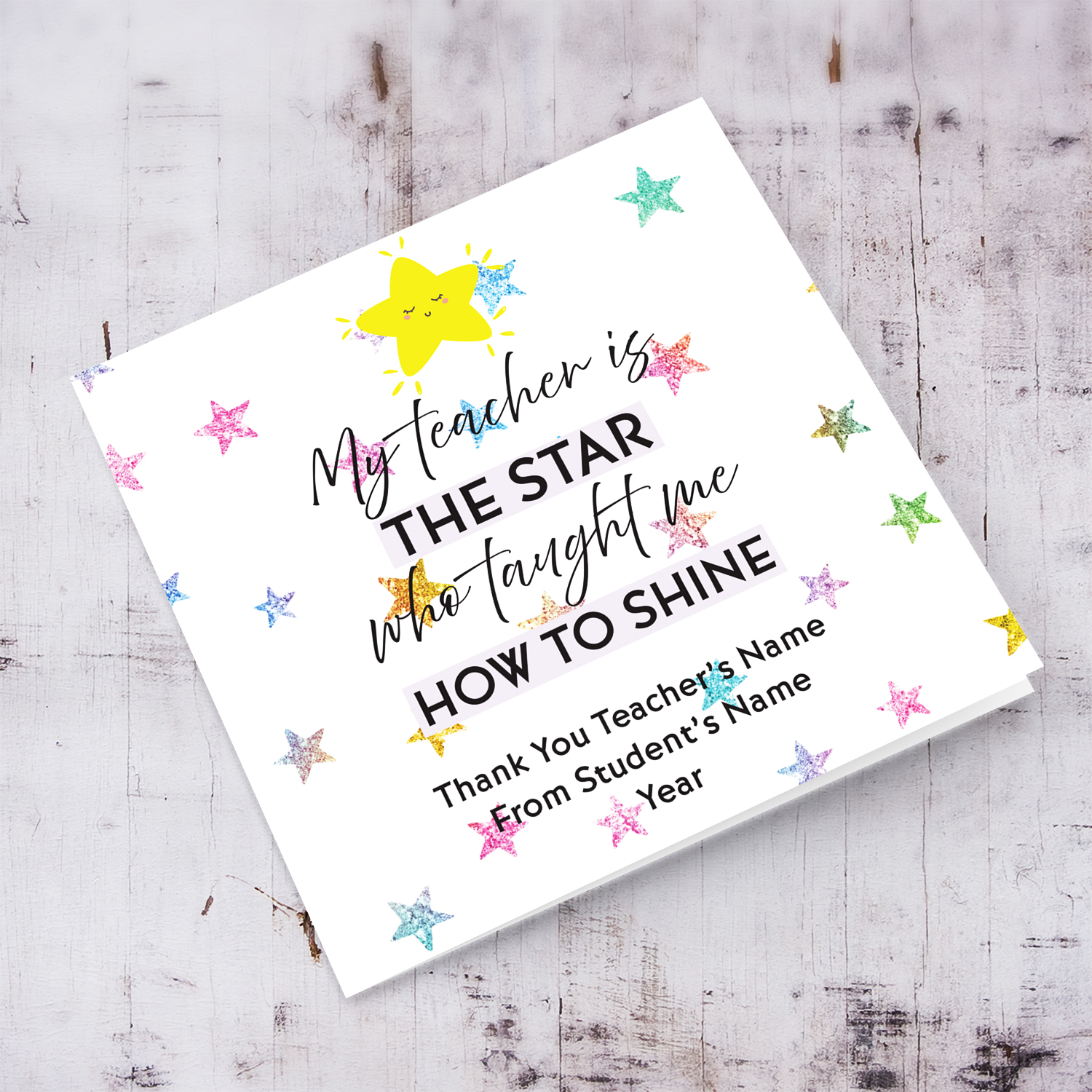 A beautiful thank you card for teacher featuring a colourful star background in English (Personalisable)