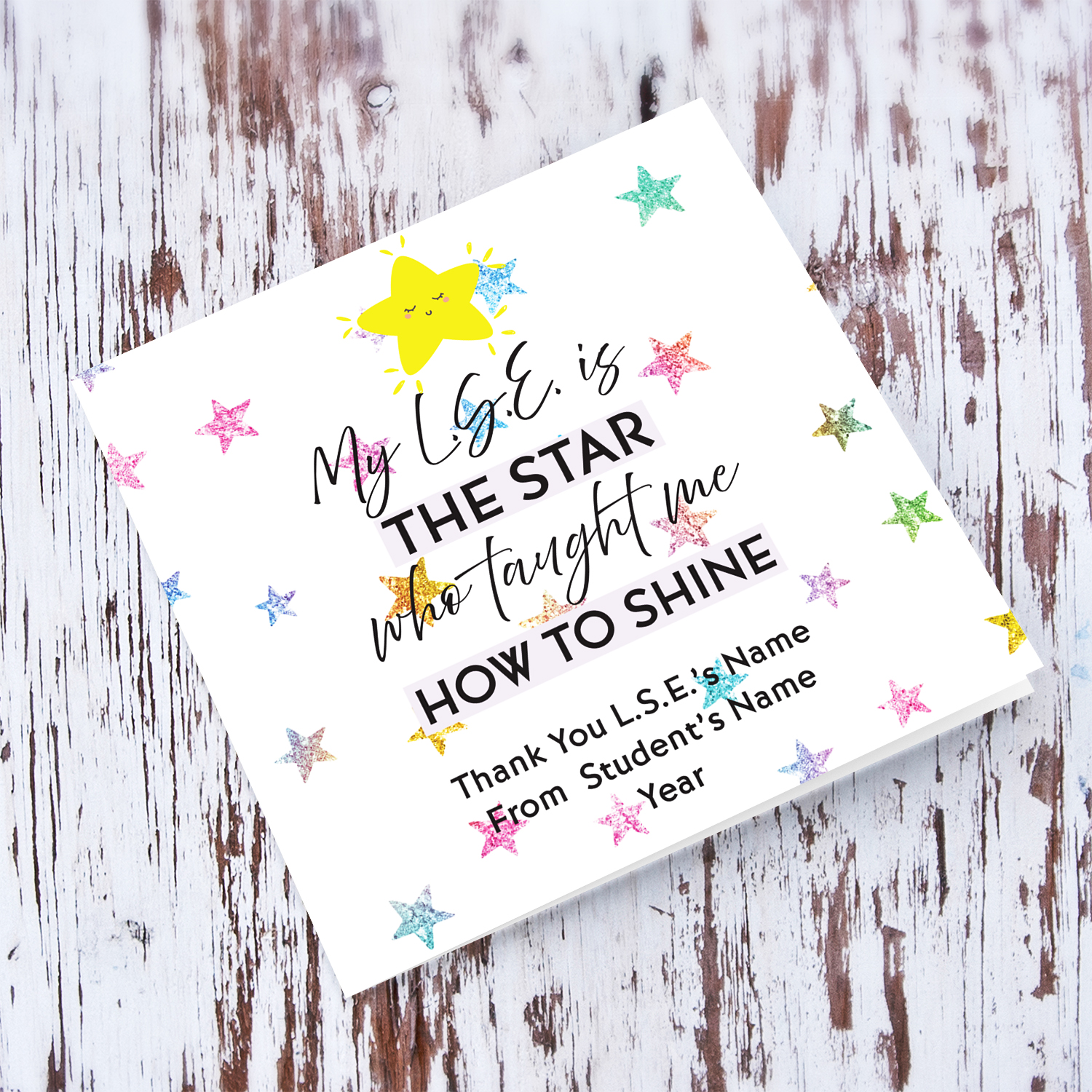 A beautiful thank you card for L.S.E. featuring a colourful star background in English (Personalisable)