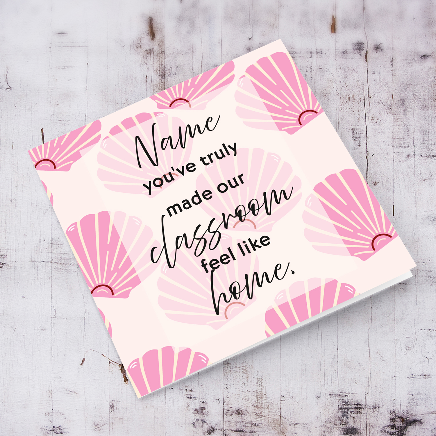 A beautiful pink shelled background thank you card for teacher / l.s.e in English (Personalisable)