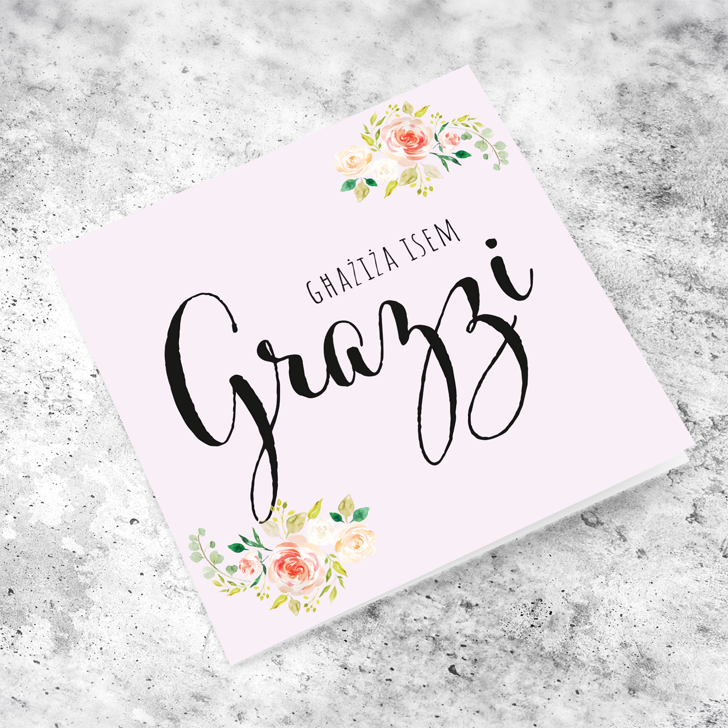 A beautiful thank you card in pink background and soft florals in Maltese (Personalisable)