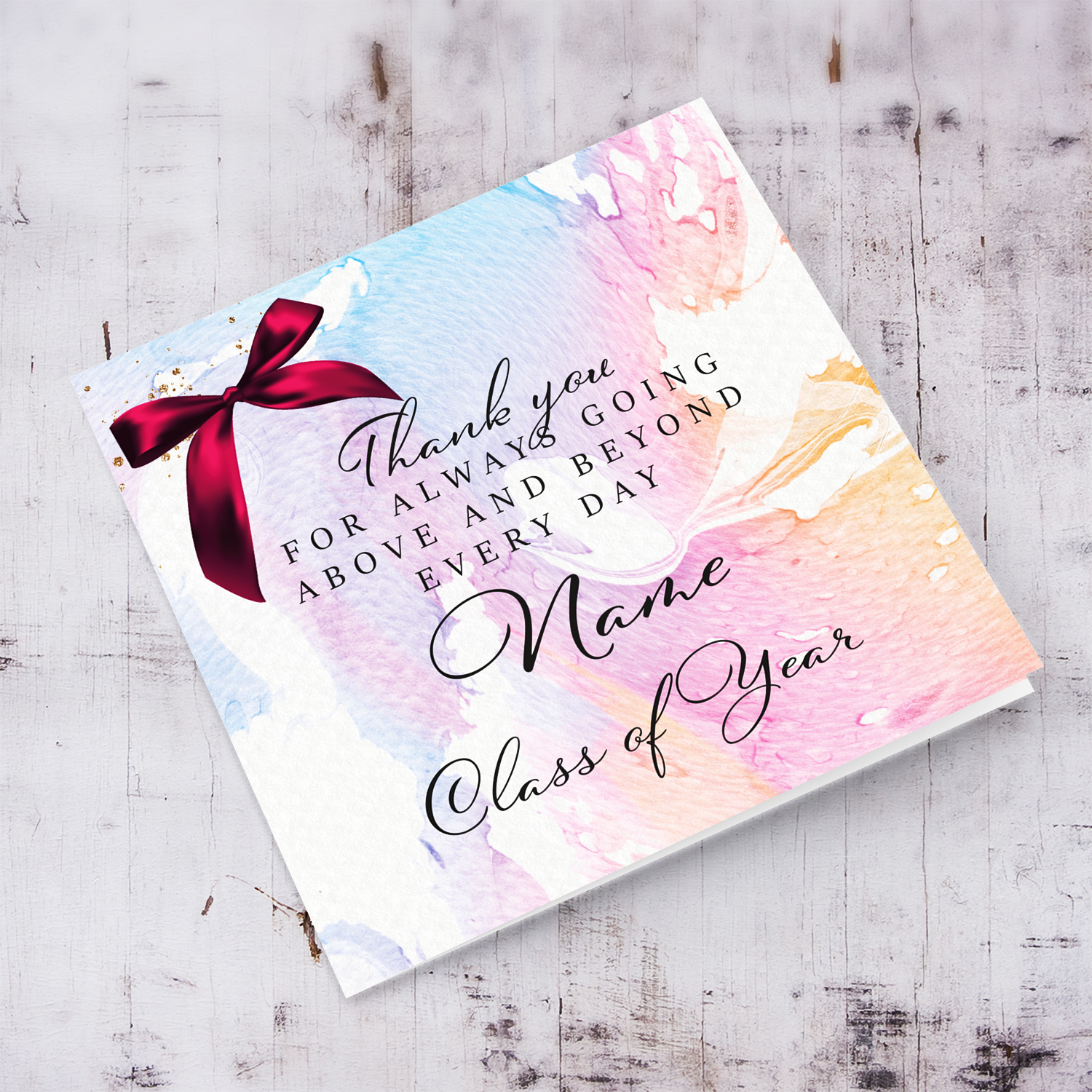 A colourful background thank you card featuring a pink bow for teachers, l.s.e.'s, head of school, assistant heads, supervisors, carers etc... in English (Personalisable)