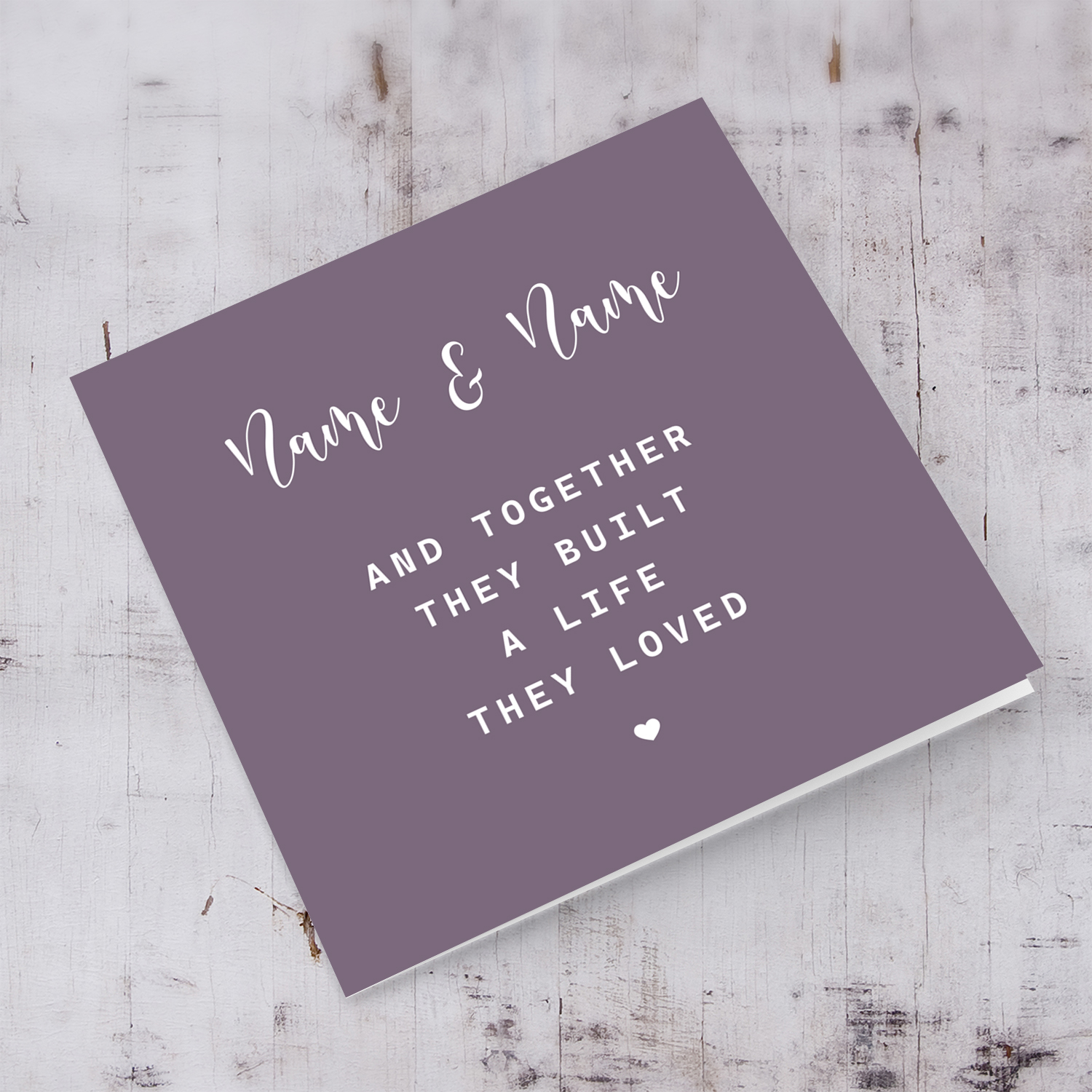 Purple background with white text and heart Valentine's card in English