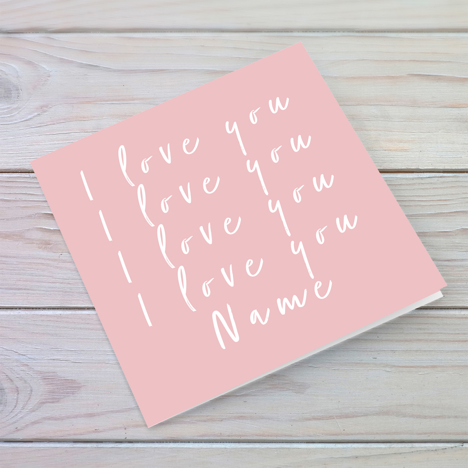Pink background with white text, repetitive I love you, personalisable Valentine's card in English
