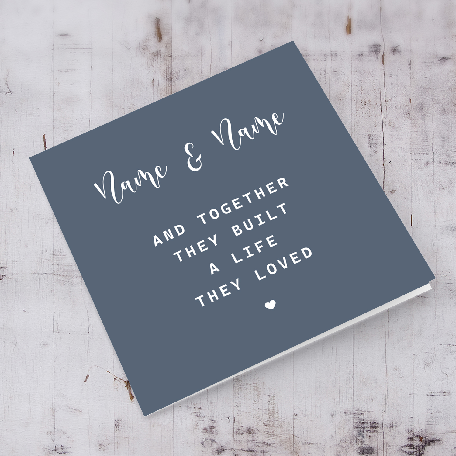 Dark blue/grey background with white text and heart personaliseable Valentine's card in English