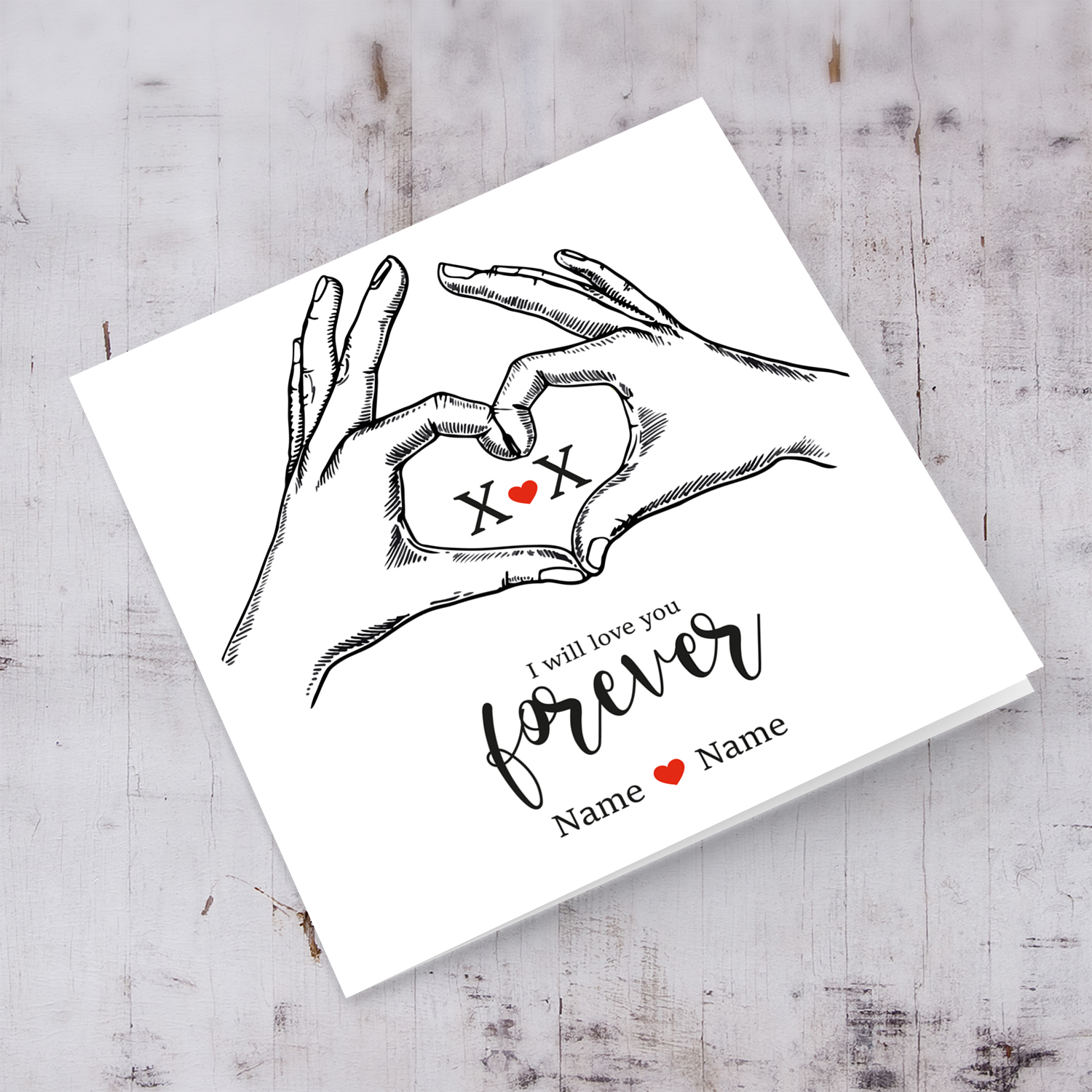 Hands making a heart personalisable Valentine's Day card - with names and initals- I will love you forever - in English