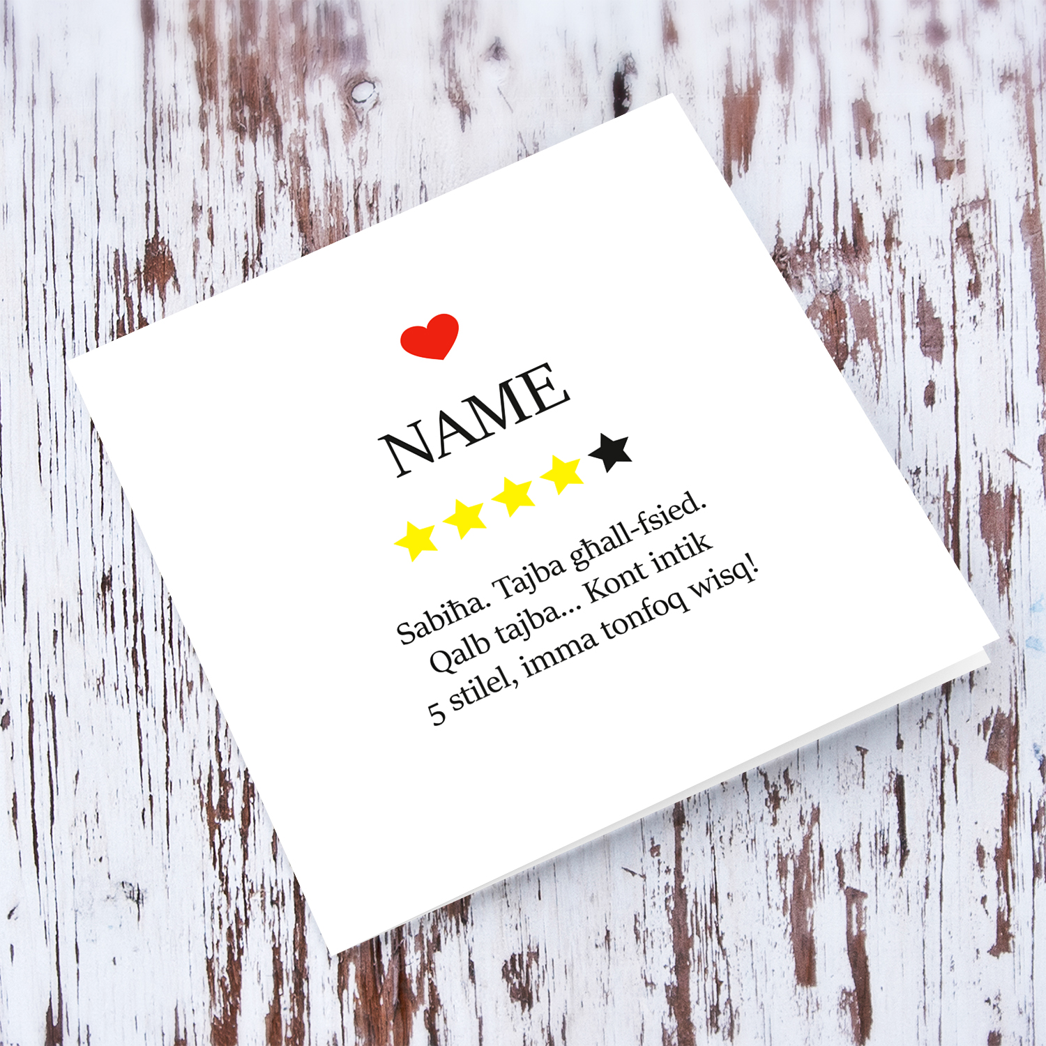 Funny review stars personalisable Valentine's card in Maltese