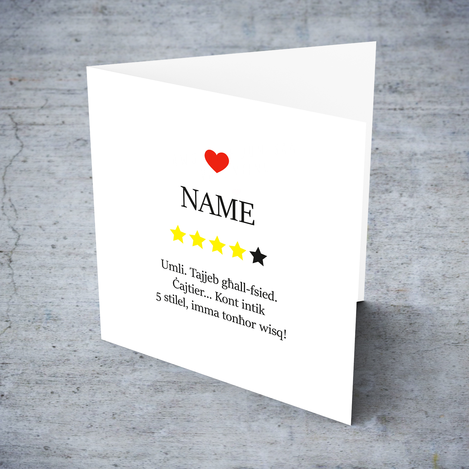 Funny review stars personalisable Valentine's card in Maltese (for males)