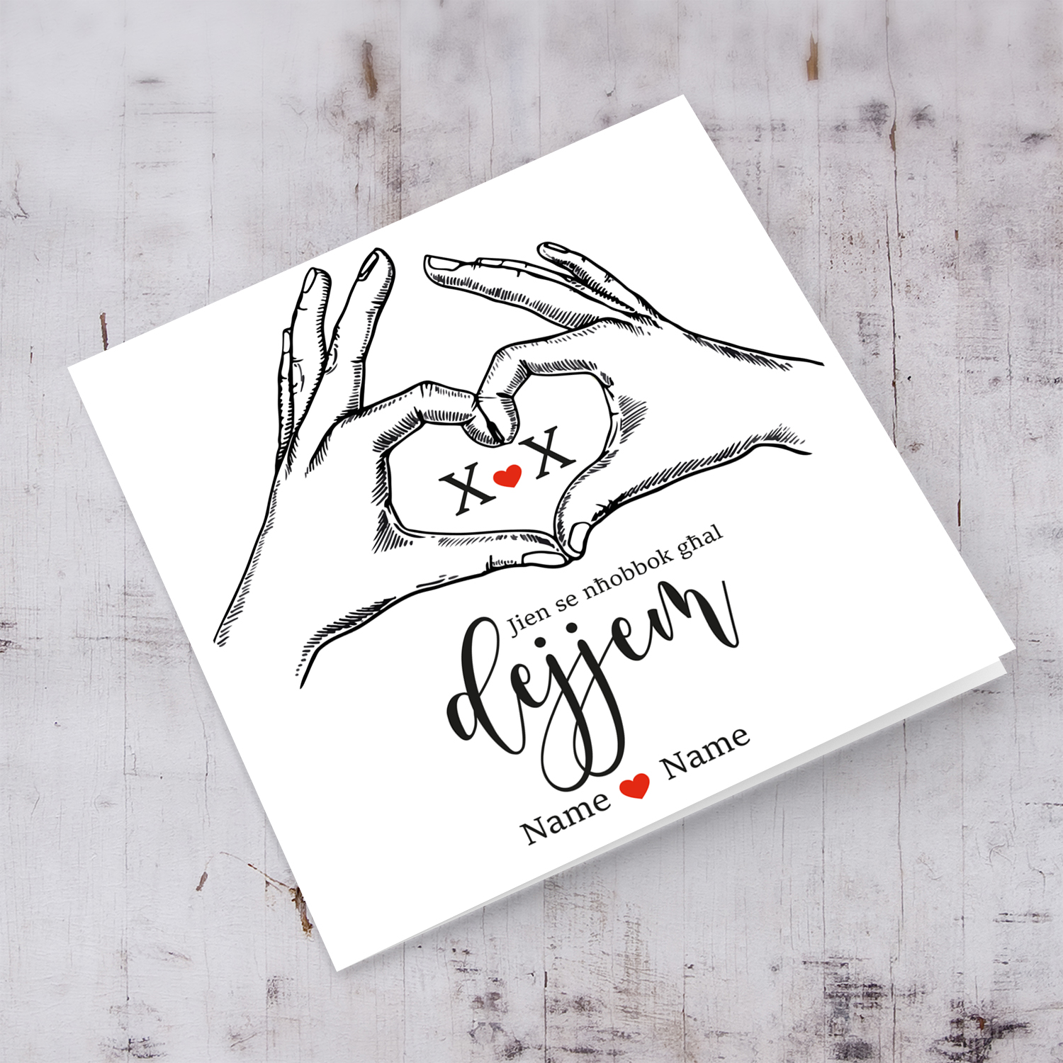 Hands making a heart personalisable Valentine's Day card - with names and initials - I will love you forever - in Maltese