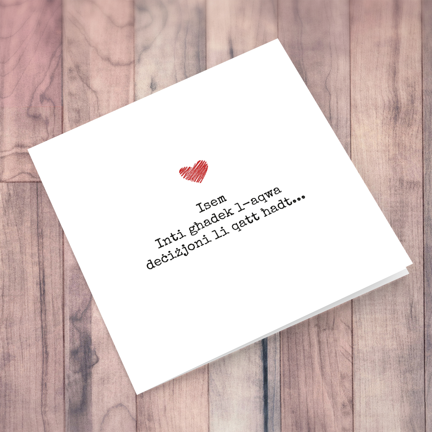 Minimalist personaliseable Valentine's Day card with red heart in Maltese