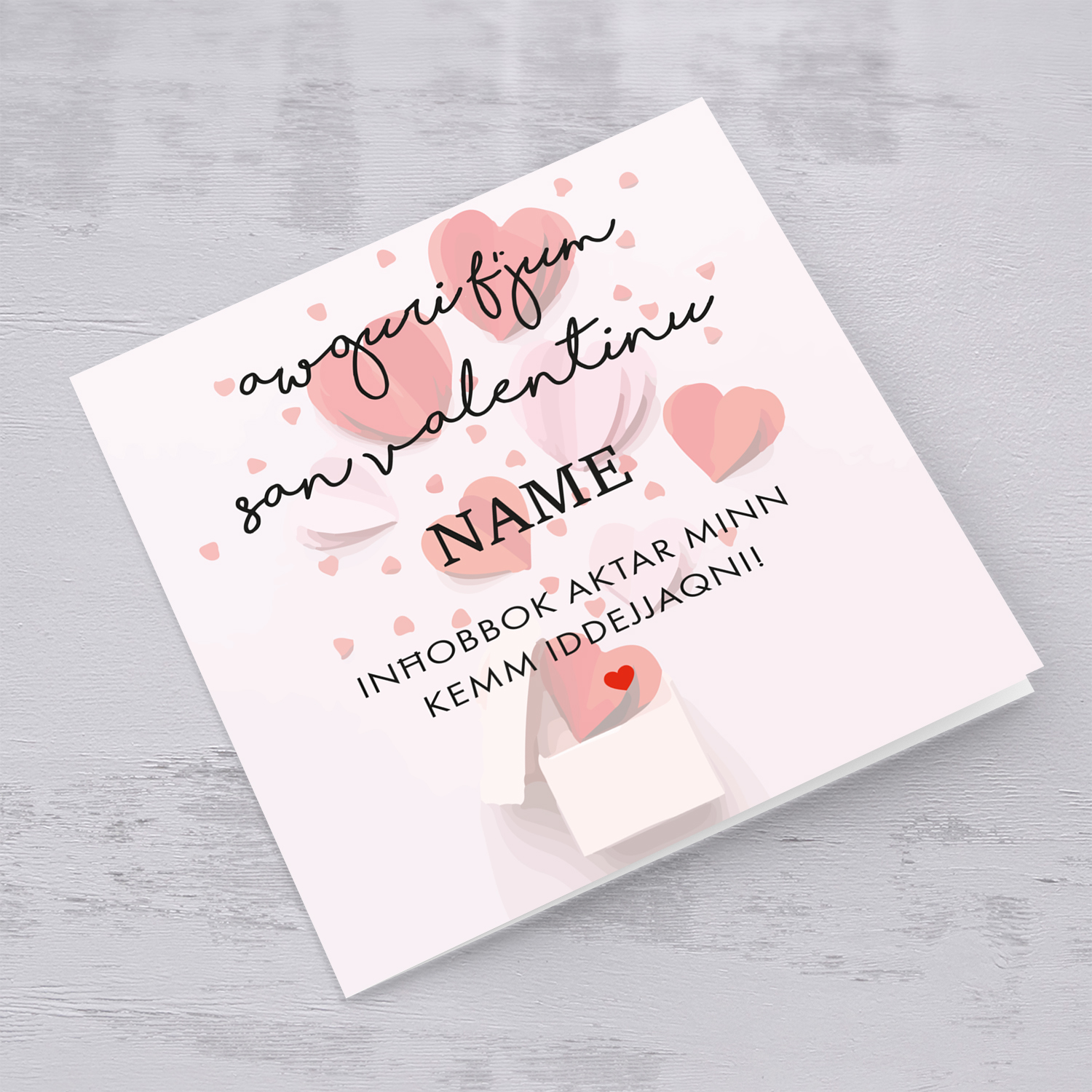 Funny personalisable Valentine's Card with scattered hearts in Maltese
