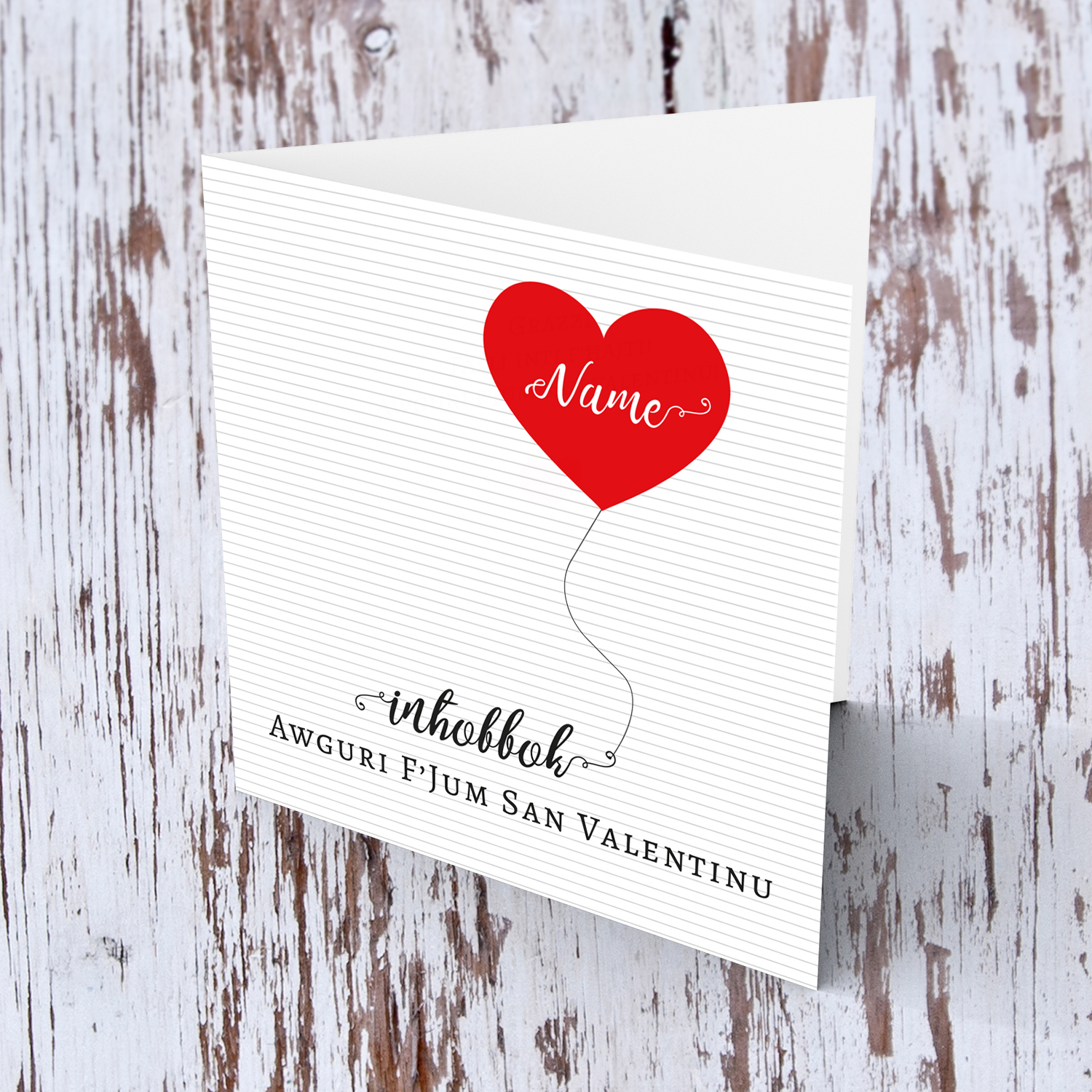 Striped background with red floating heart Valentine's Card in Maltese (Personalisable)