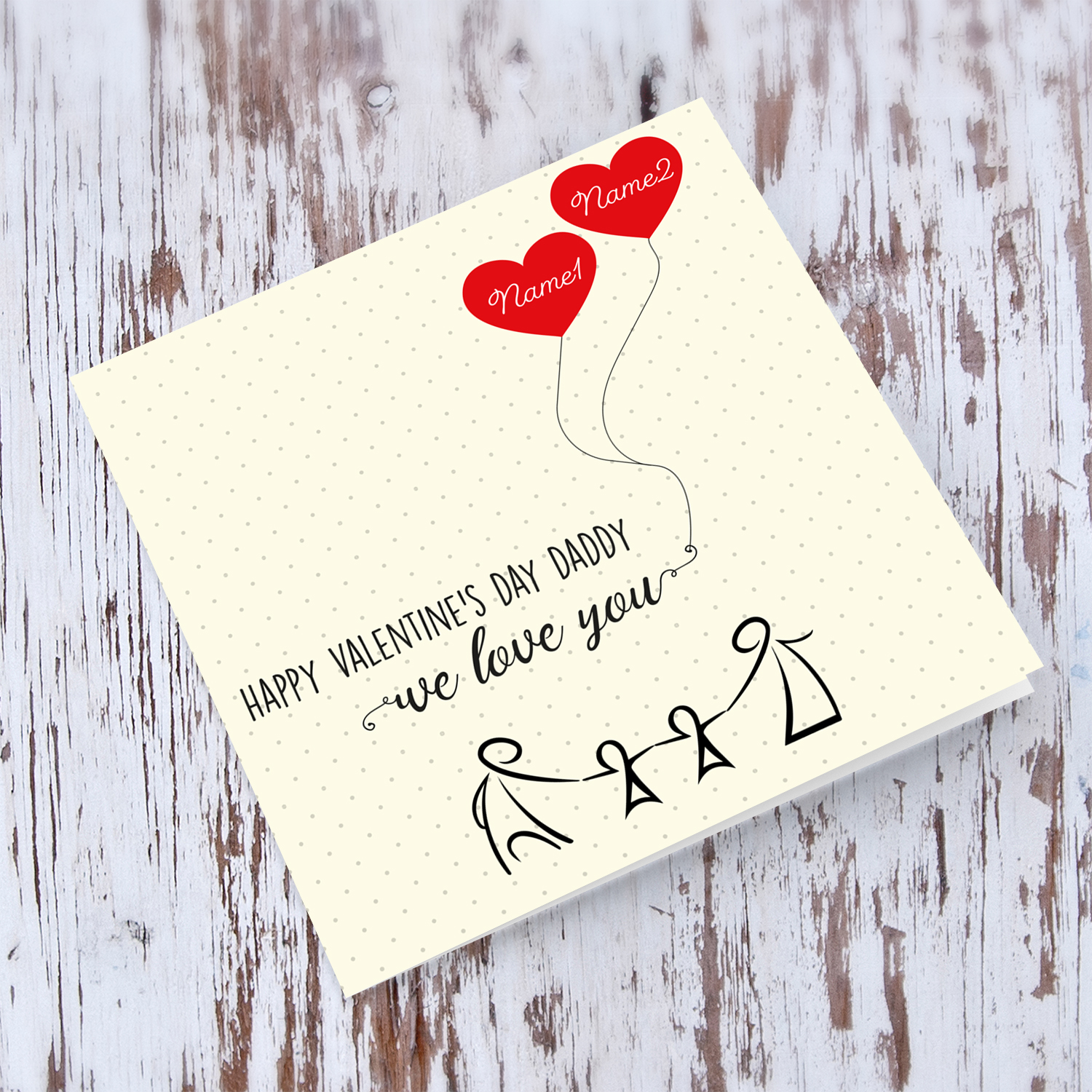 Family (of 2 children) themed Valentine's Card with red heart in English (Personalisable with children's names)