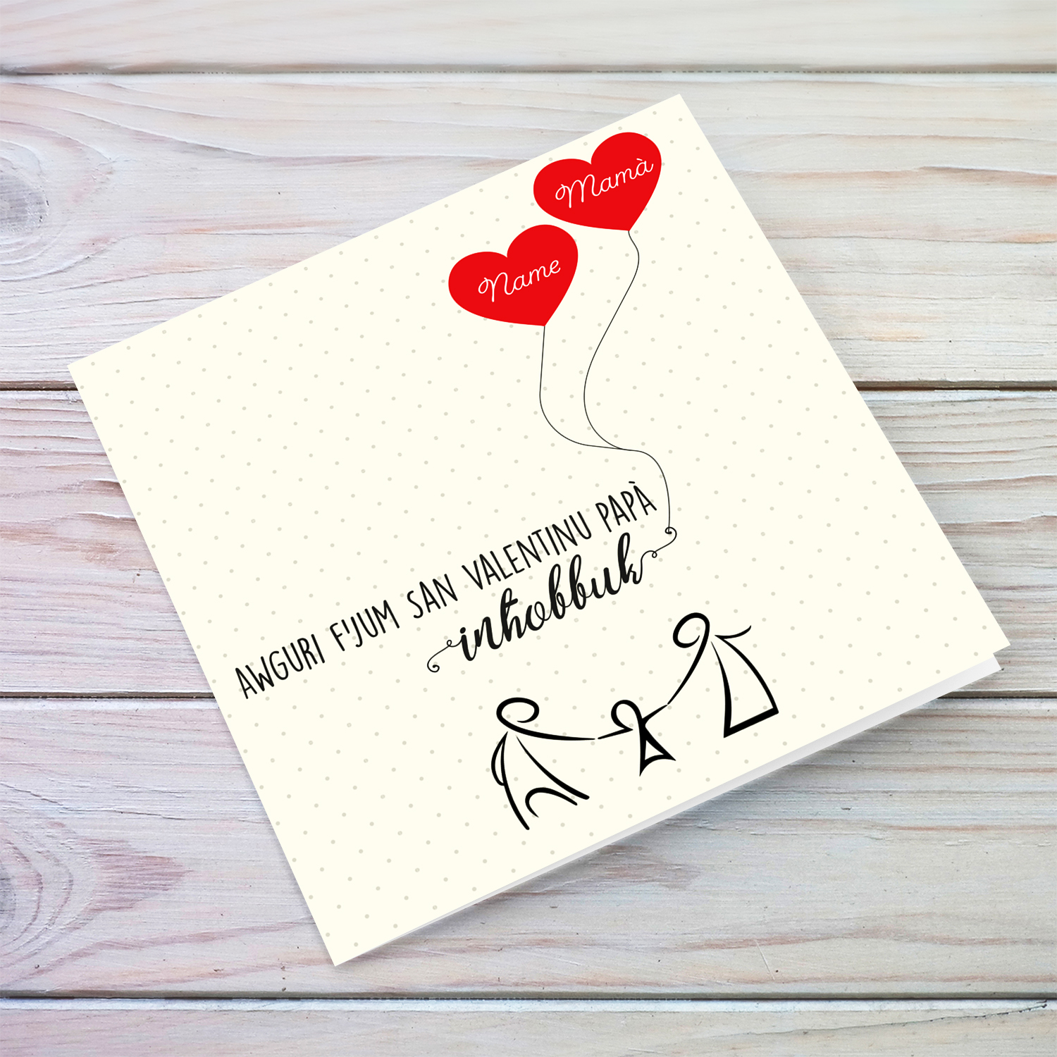 Family themed Valentine's Card with red heart and one child in Maltese (Personalisable)