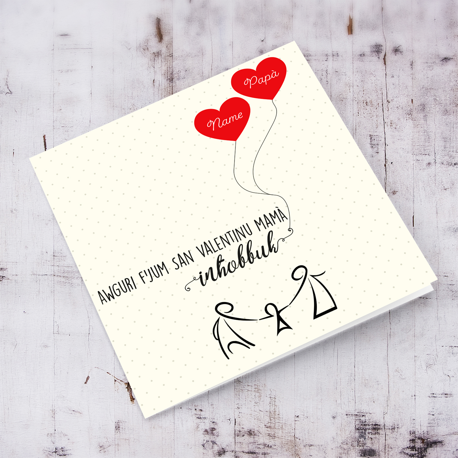 Family (of 1 child) themed Valentine's Card for mummy with red heart in Maltese (Personalisable with childs name)