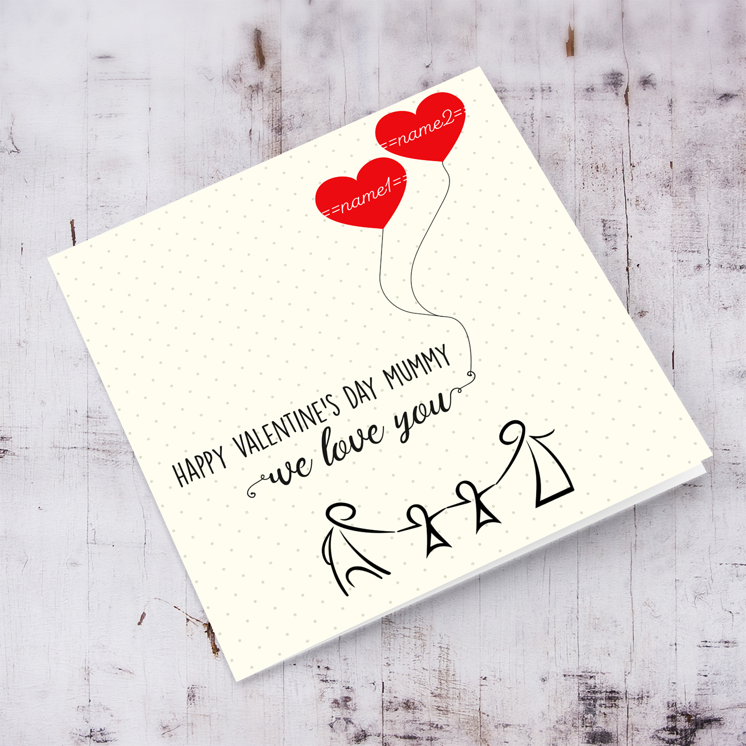 Family (of 2 children) themed Valentine's Card for mummy with red heart in English (Personalisable with children's names)