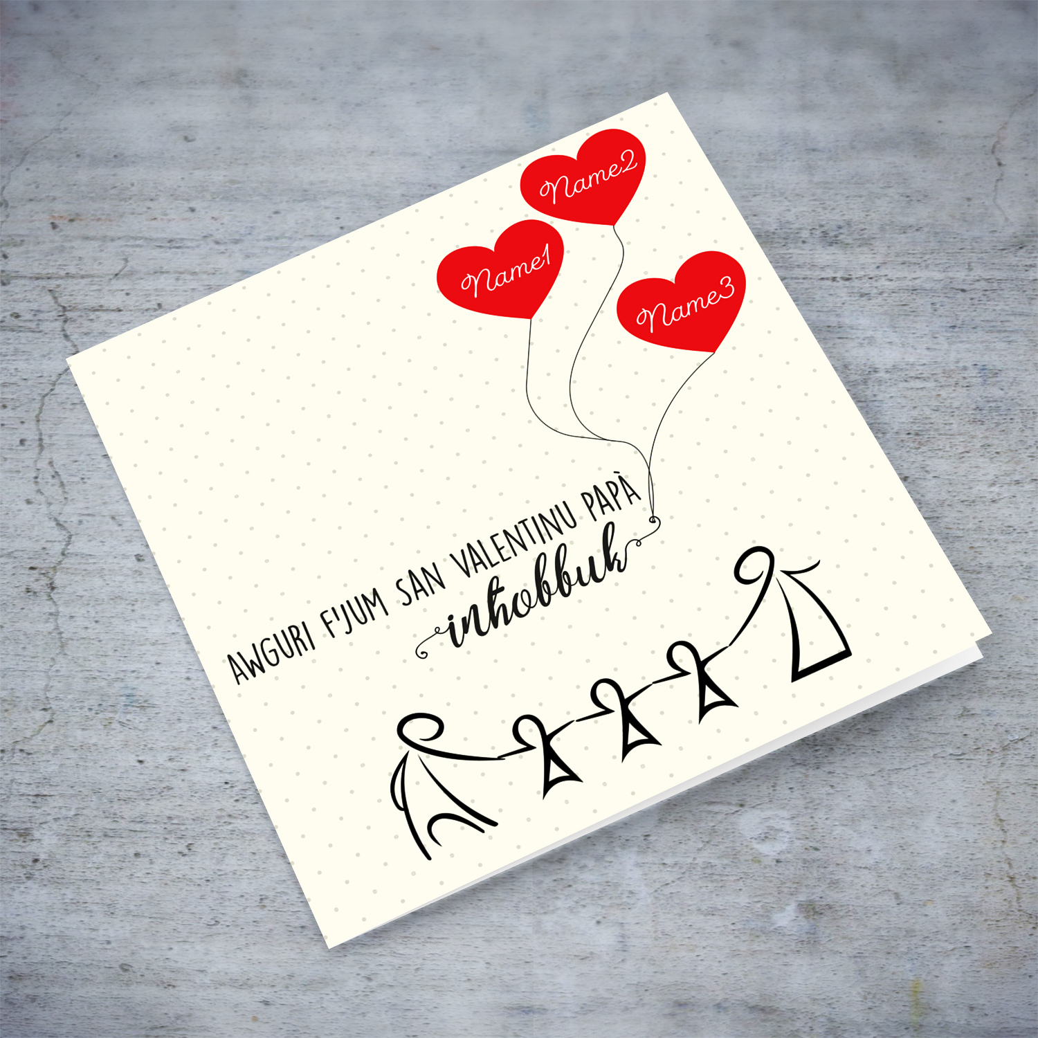 Family (of 3 children) themed Valentine's Card for Dad with red hearts in Maltese (Personalisable with children's names)