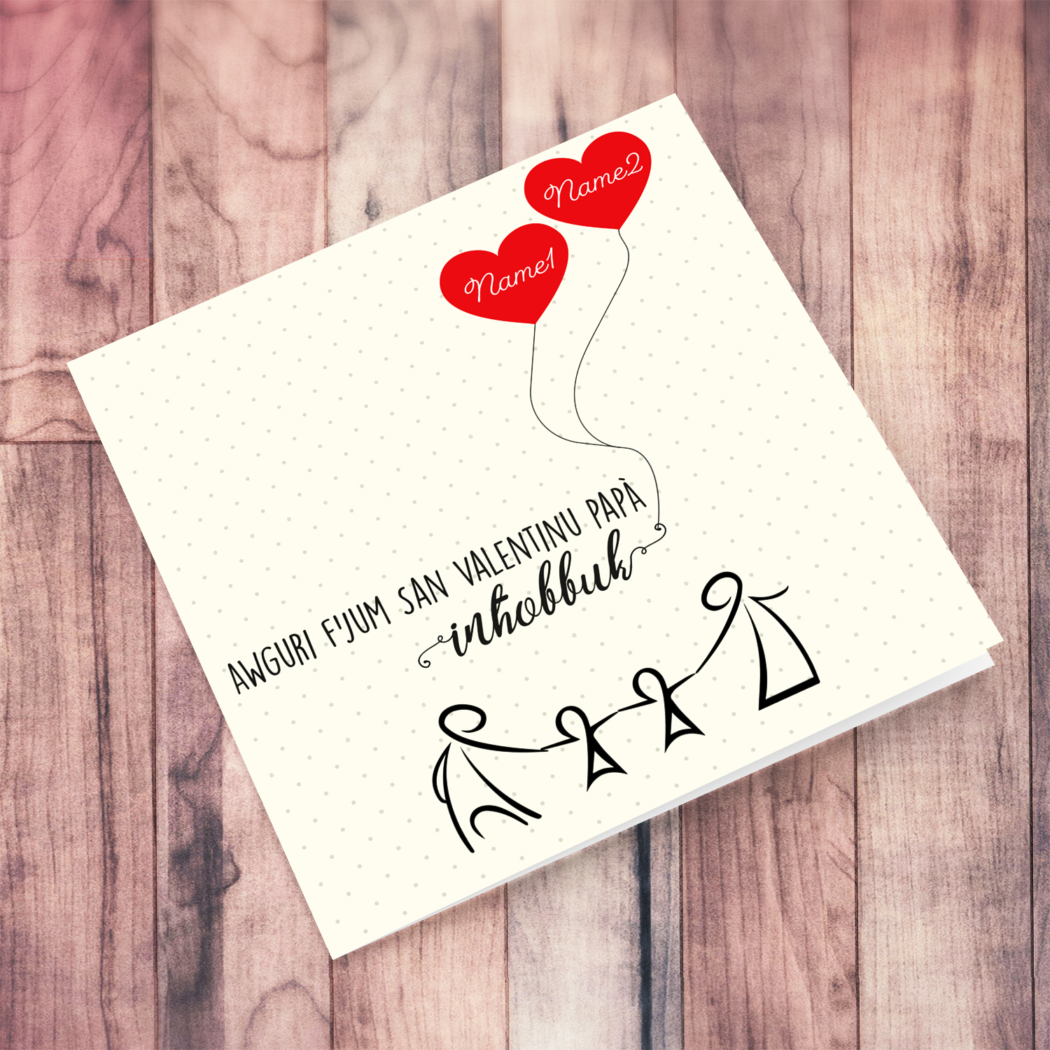Family (of 2 children) themed Valentine's Card for Dad with red hearts in Maltese (Personalisable with children's names)