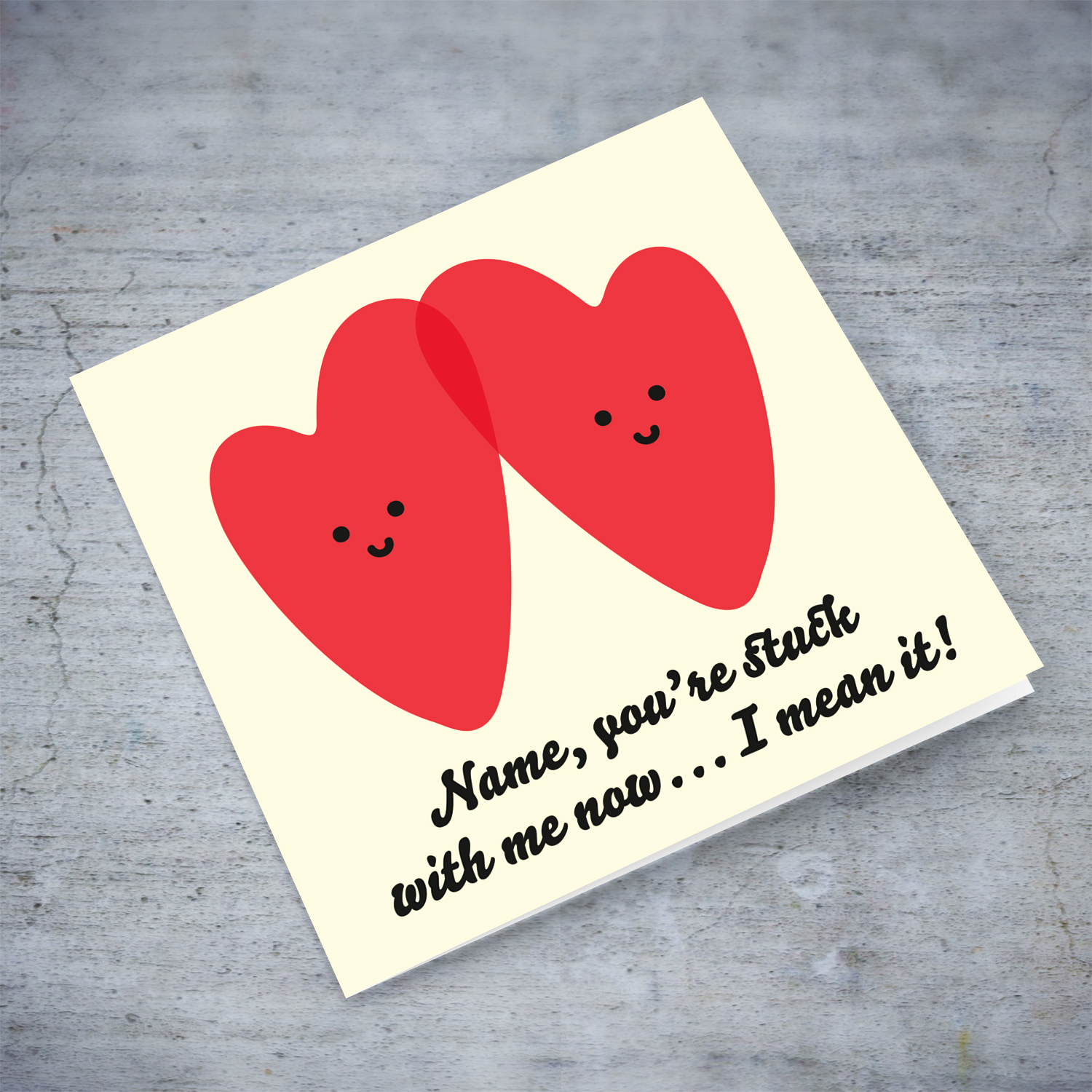 Two hearts stuck together cute & funny Valentine's Card in English (Personalisable)