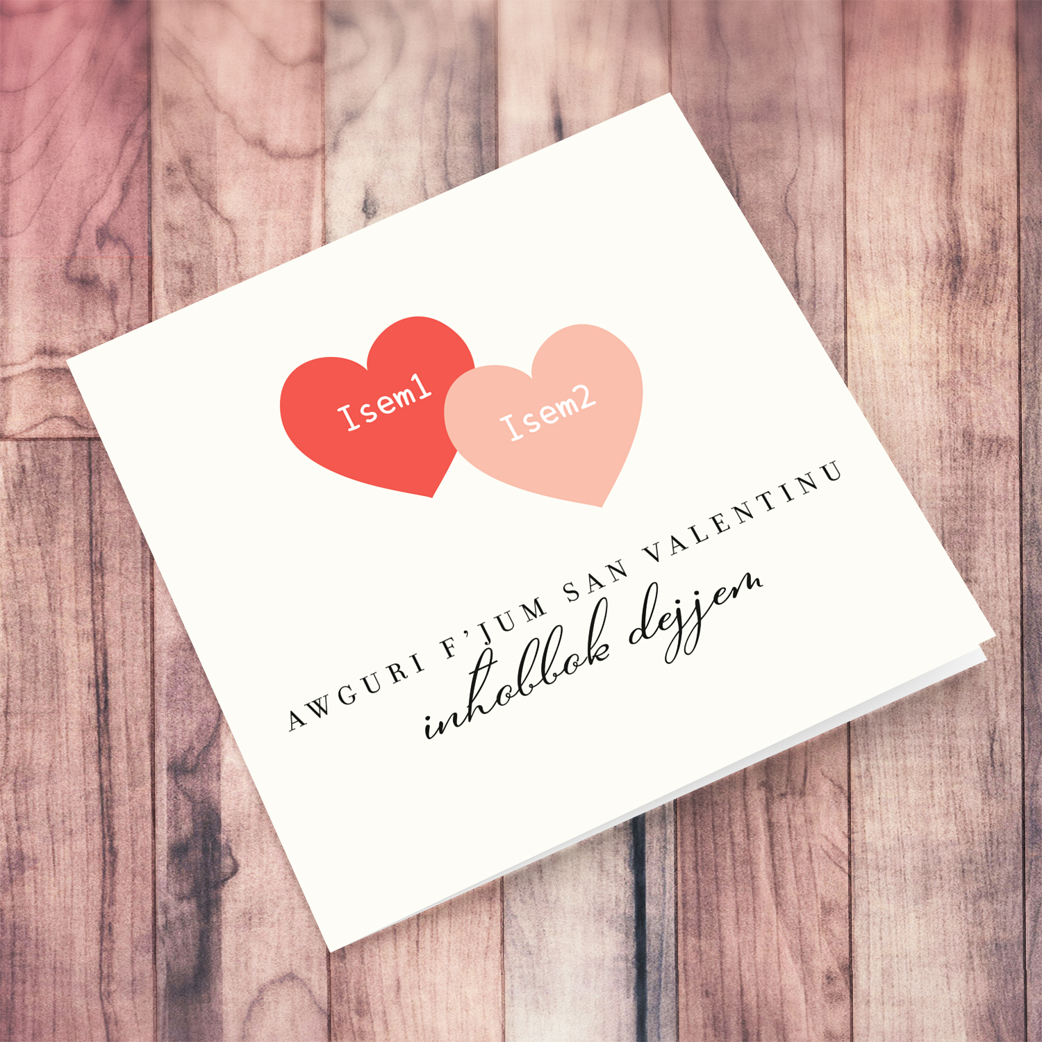 A 2 heart valentine's day greeting card in a light cream background featuring 2 hearts in different shades of red / pink in Maltese (Personalisable)