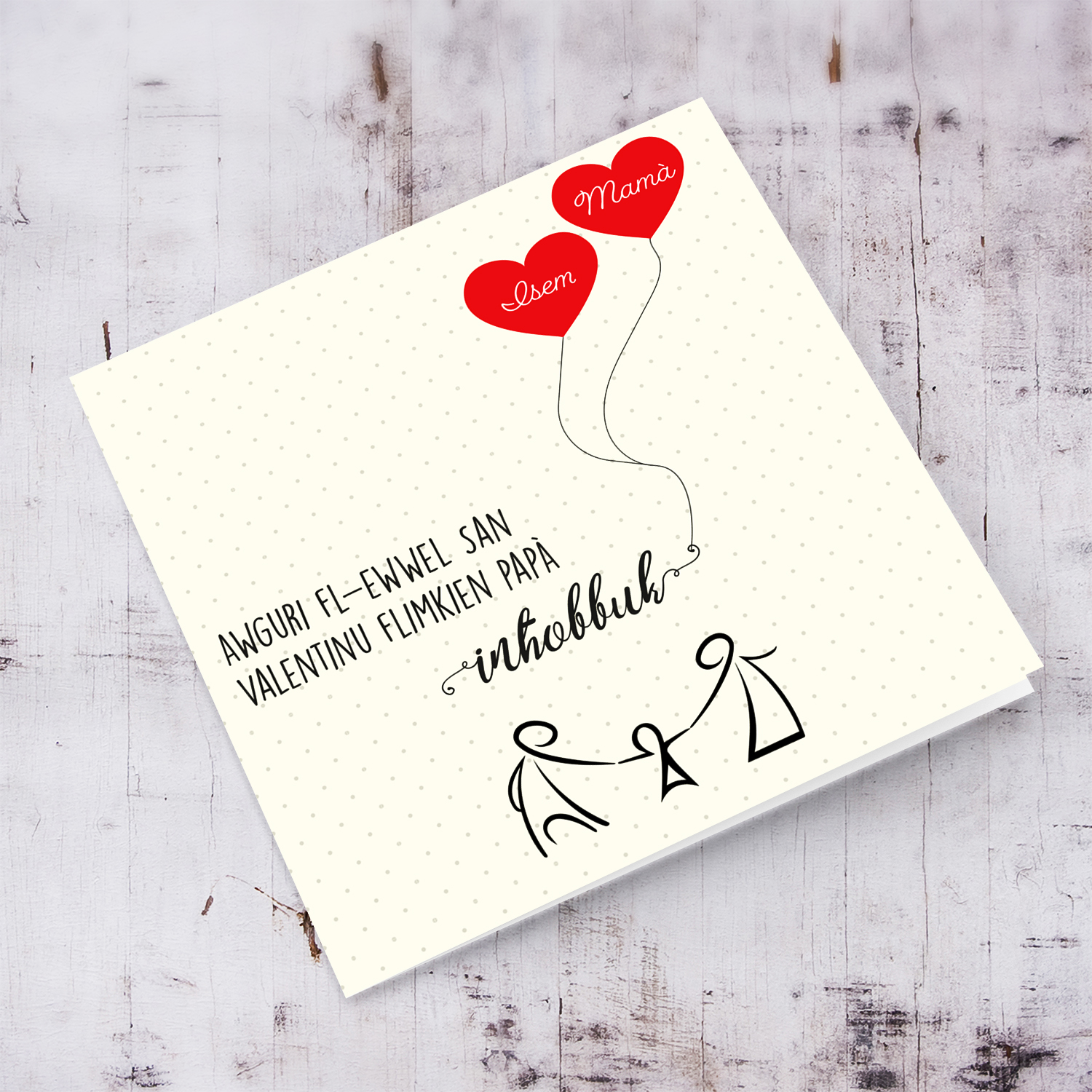Family themed FIRST Valentine's Card with red heart and one child in Maltese (Personalisable)