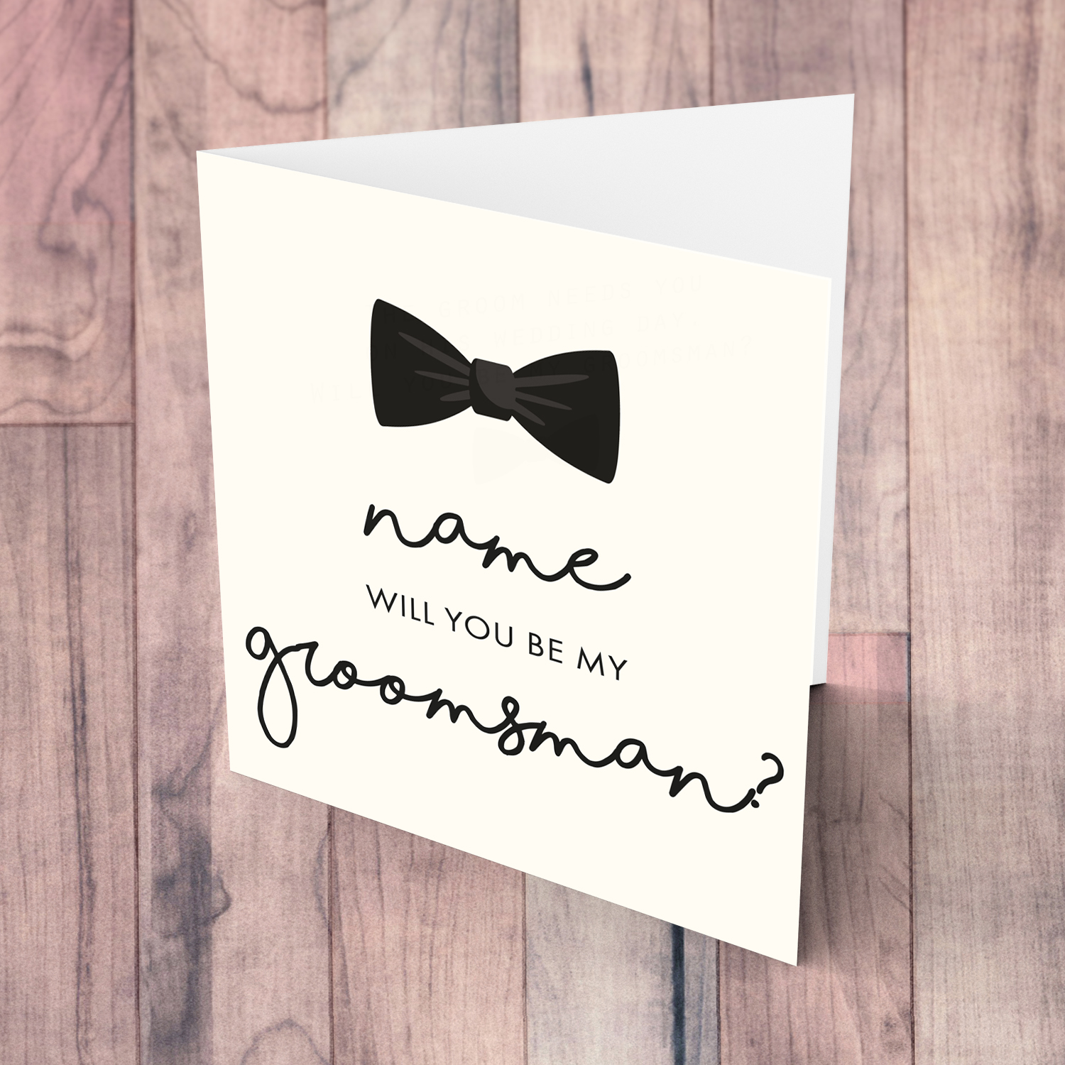 Cute bow themed will you be my groomsman personalisable card in English