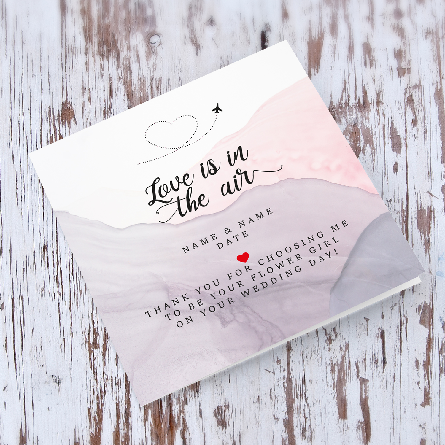Watercolour background in pink and purple personalisable Wedding card from Flower girl in English