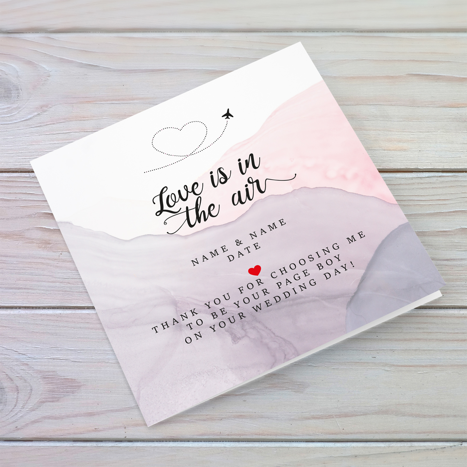 Watercolour background in pink and purple personalisable Wedding card from Page Boy in English