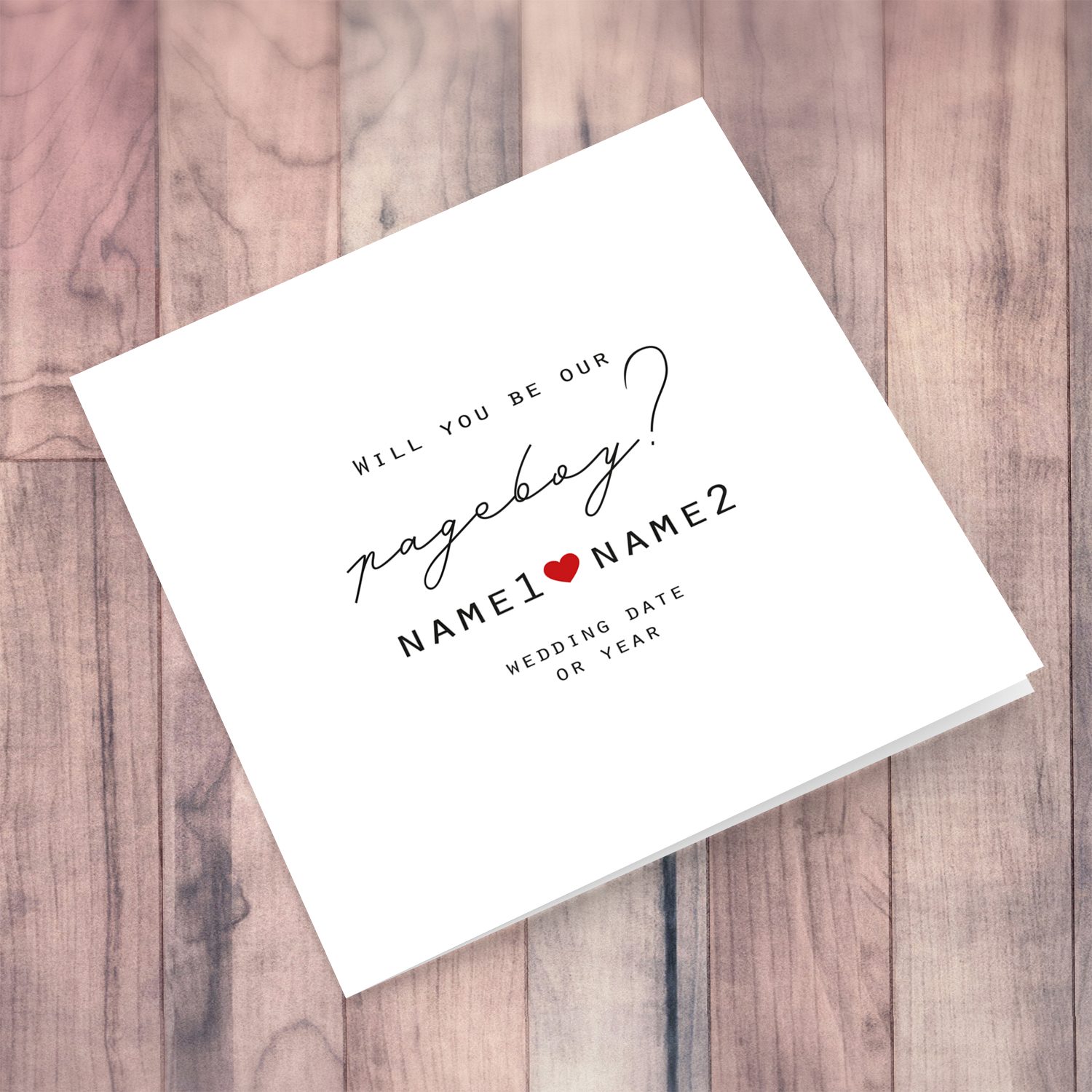 Will you be our pageboy - minimalist bridal party card with red heart (Personalisable)