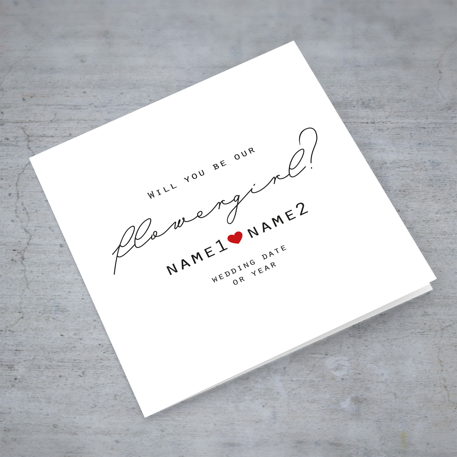 Will you be our flowergirl- minimalist bridal party card with red heart (Personalisable)