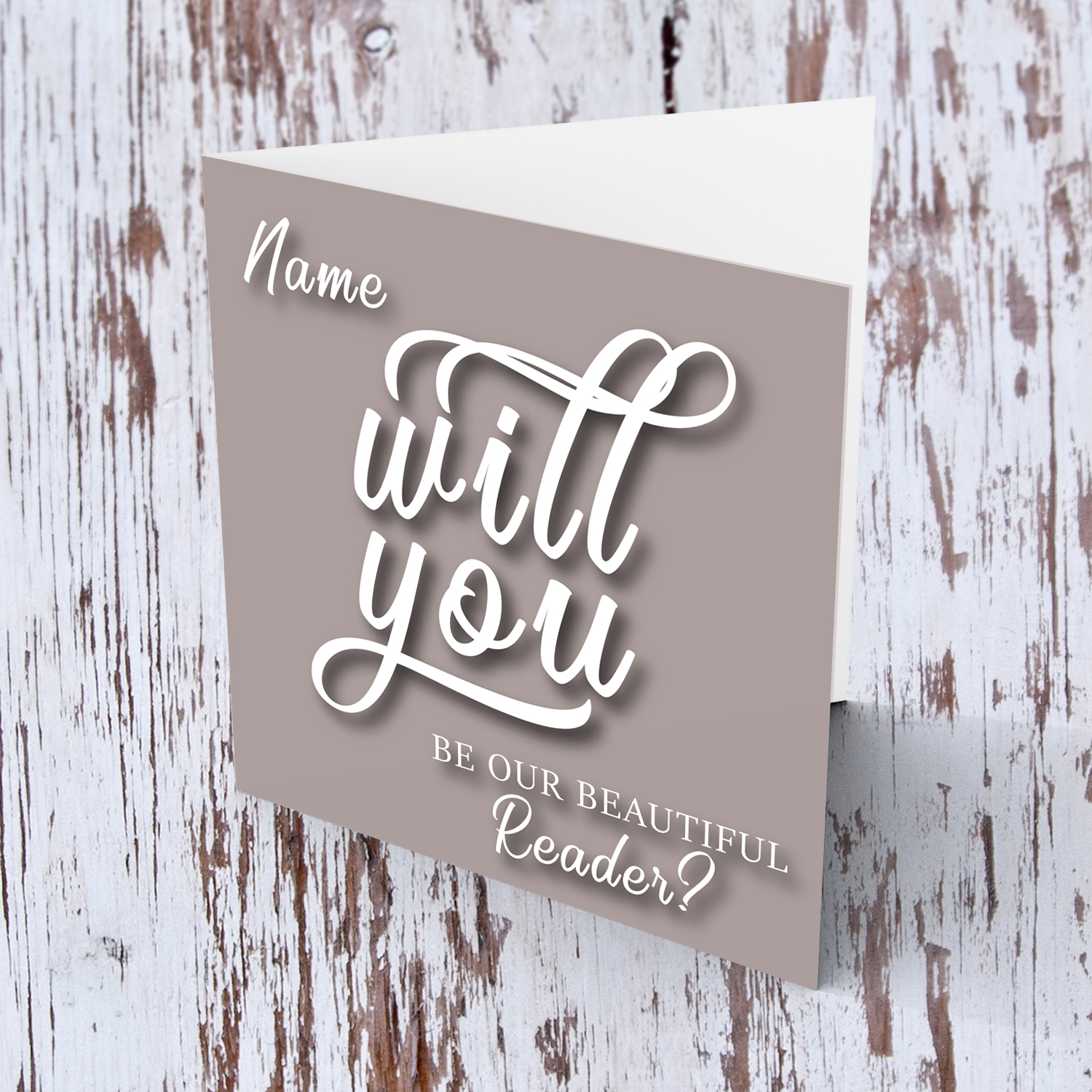 Will yo be our beautiful Reader? - Personalisable Bridal card in English with neutral background and white text  