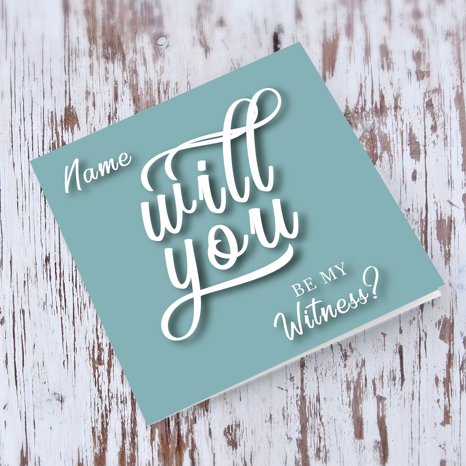 Will yo be my Witness? - Personalisable Bridal card in English with dark turquoise background and white text  