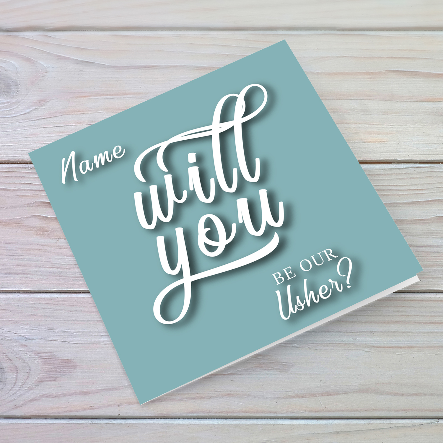 Will yo be our Usher? - Personalisable Bridal card in English with dark turquoise background and white text
