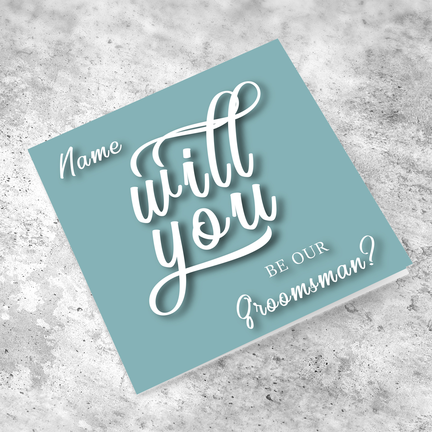 Will yo be our Groomsman? - Personalisable Bridal card in English with dark turquoise background and white text