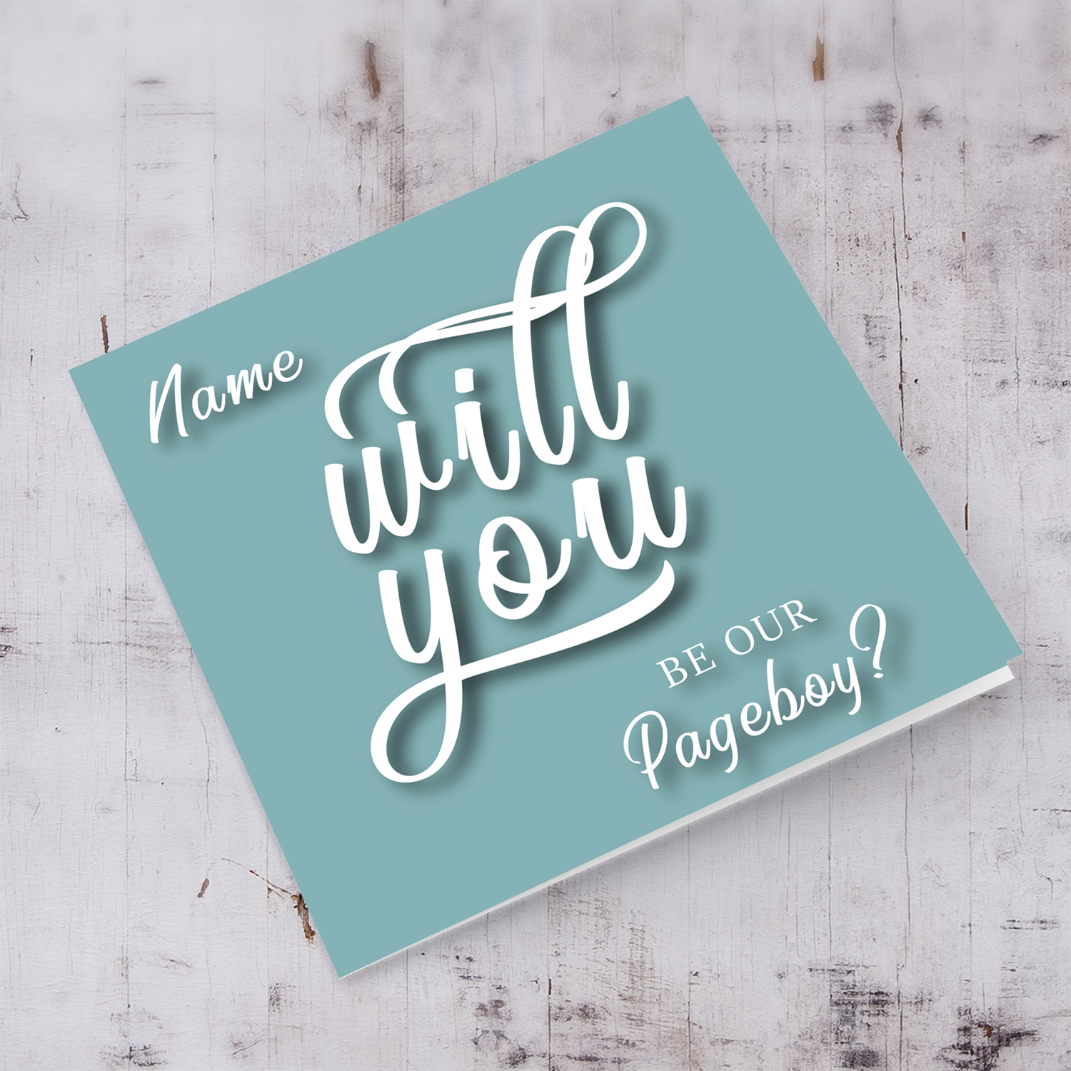 Will yo be our Pageboy? - Personalisable Bridal card in English with dark turquoise background and white text  