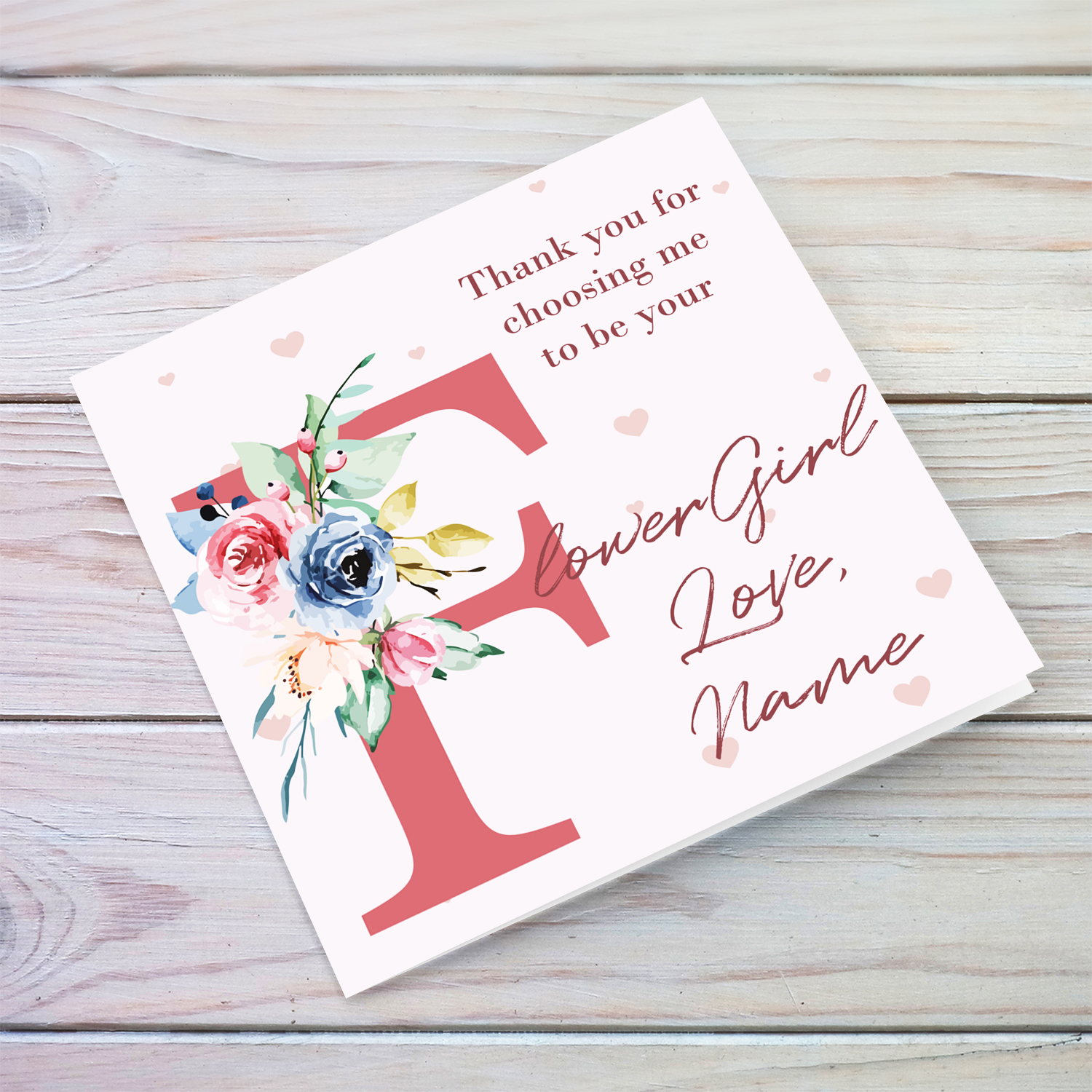 Wedding card from Flowergirl in English with pink hearts and florals (Personalisable)