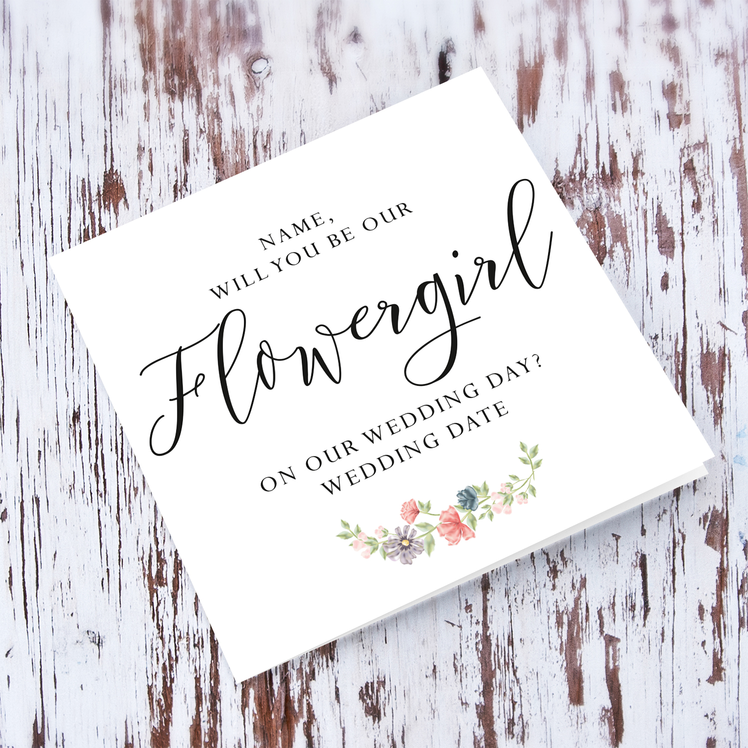 Flowergirl - Will you be our flowergirl? personalisable bridal card in English