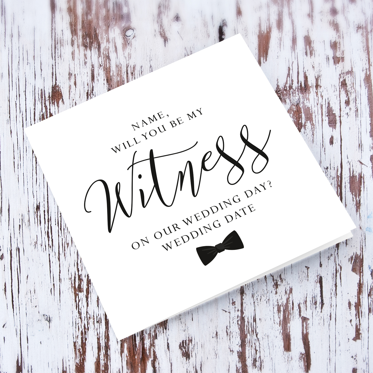 Witness - Will you be my Witness? personalisable bridal card in English (With bowtie)