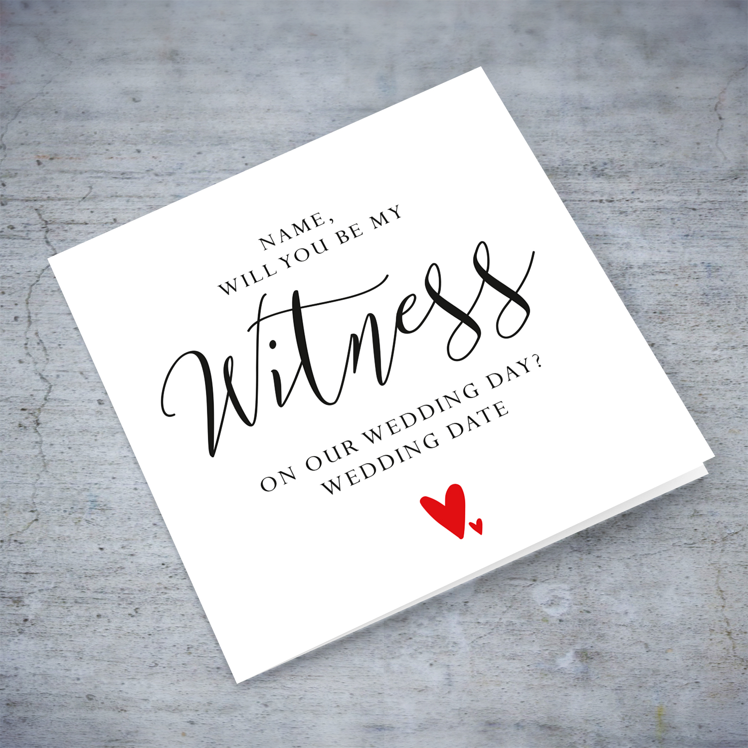 Witness - Will you be my Witness? personalisable bridal card in English (with red hearts)