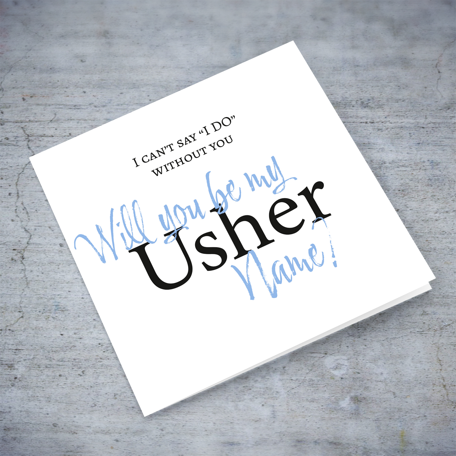 Will you be my usher? - Blue & Black text wedding party card in English