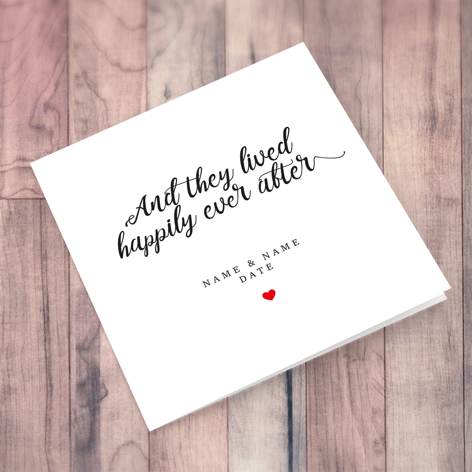 Minimalist personalisable wedding card with small red heart in English