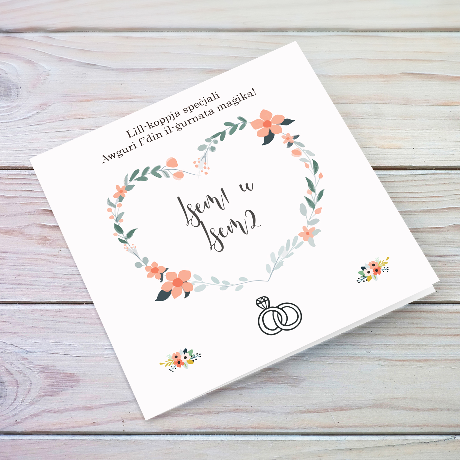 Floral heart themed personalisable Wedding card in Maltese