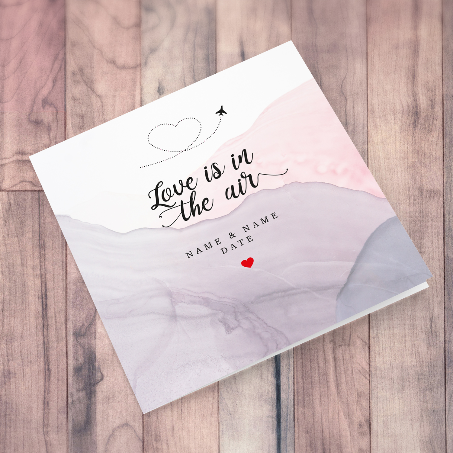 Watercolour background in pink and purple personalisable Wedding card in English