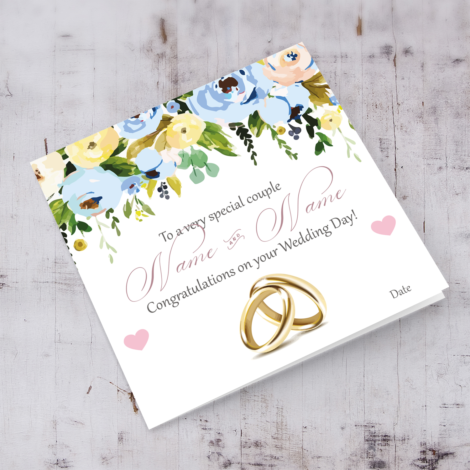 Floral personalisable Wedding card in in blue tones in English with wedding rings