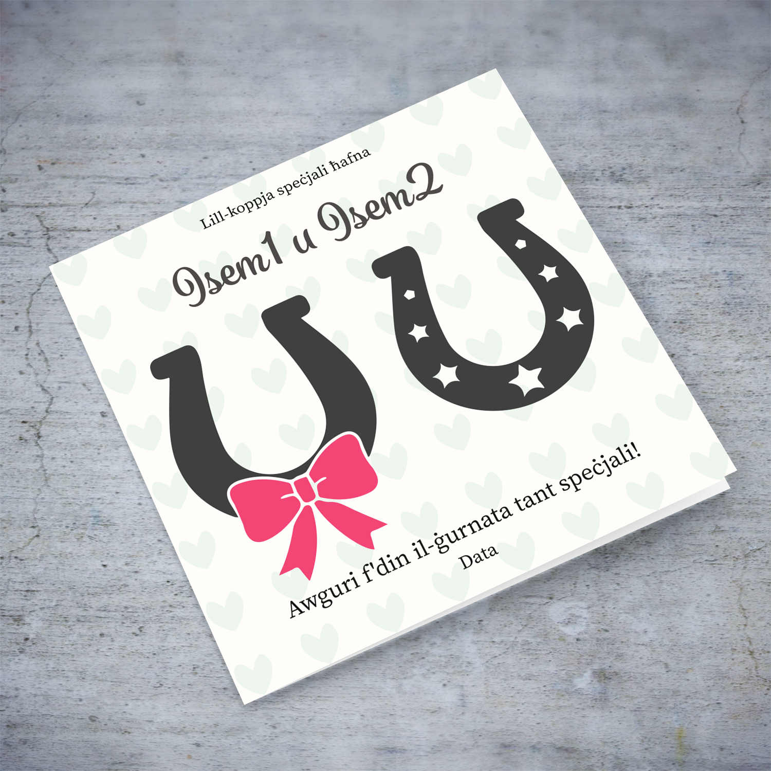 Horseshoe themed personalisable wedding card in Maltese