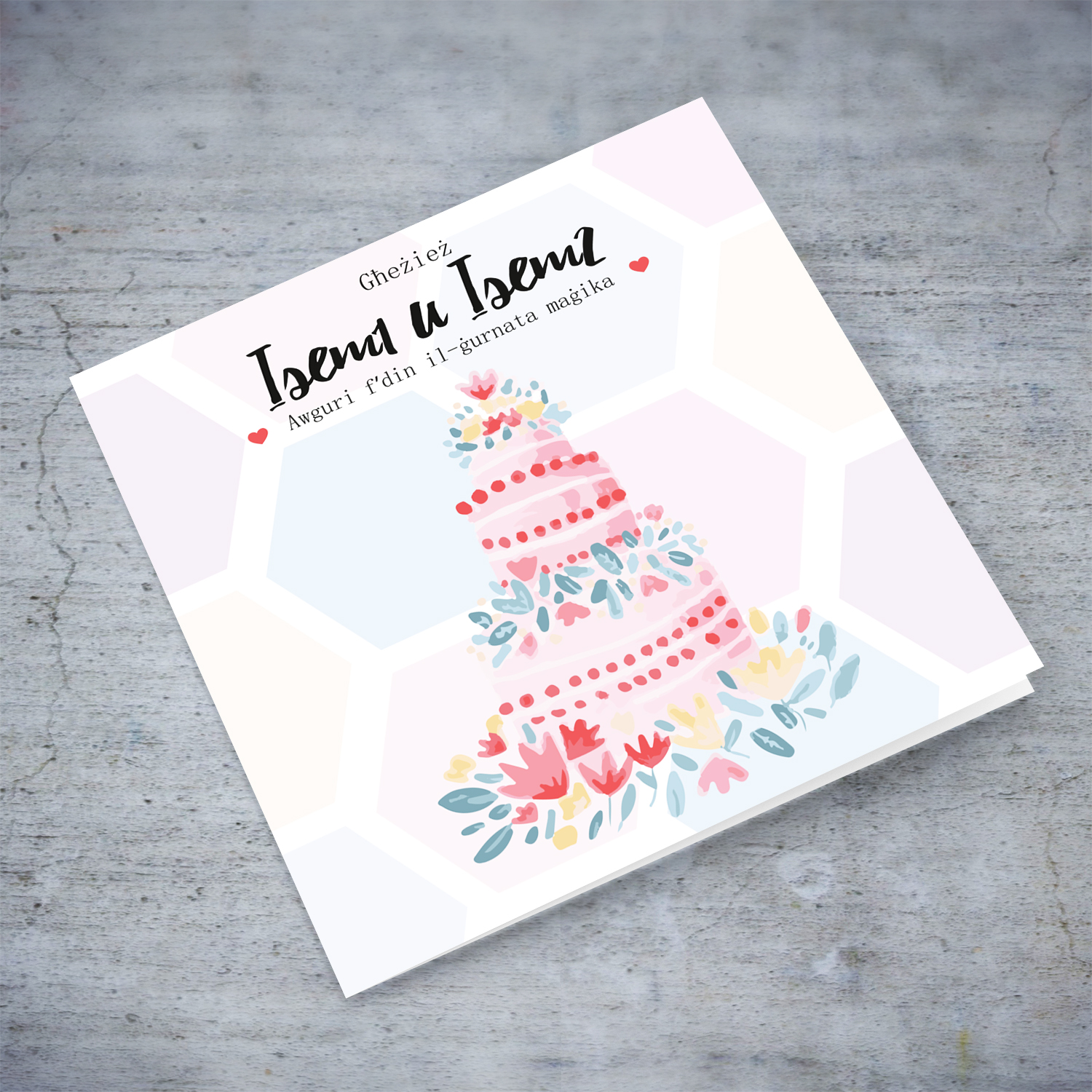 Cake themed personalsiable wedding card with pastel background in Maltese