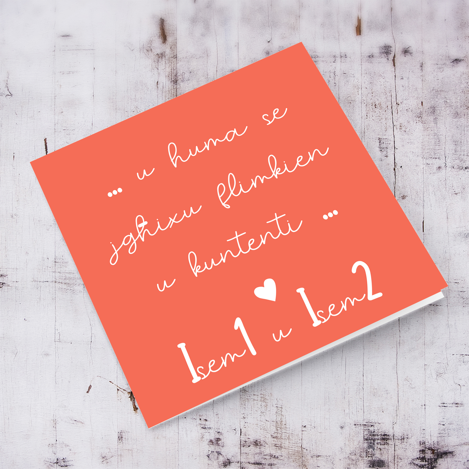 Red coloured background personalisable wedding card in maltese with white heart