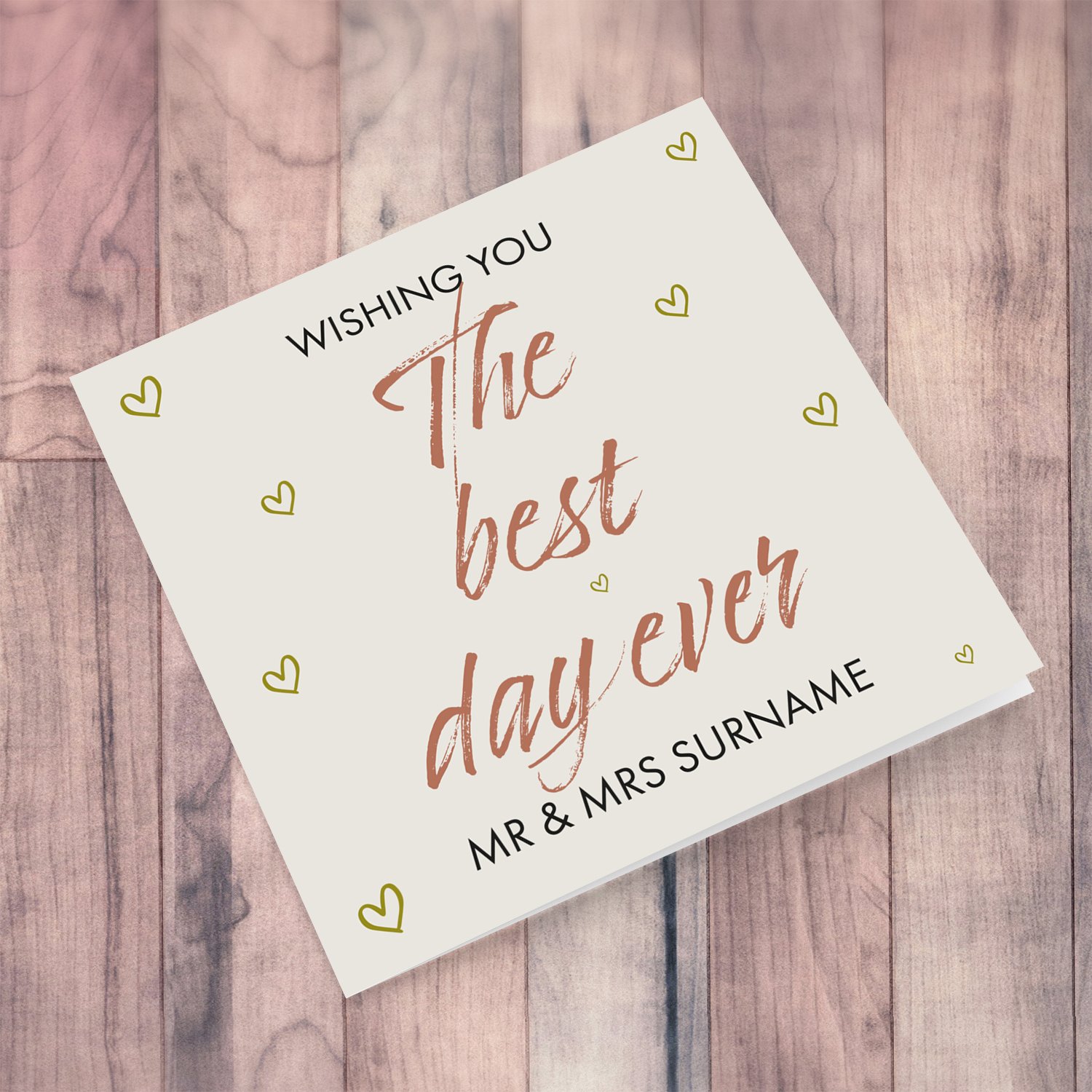 Best day ever wedding card with scattered golden hearts in English (Personalisable)